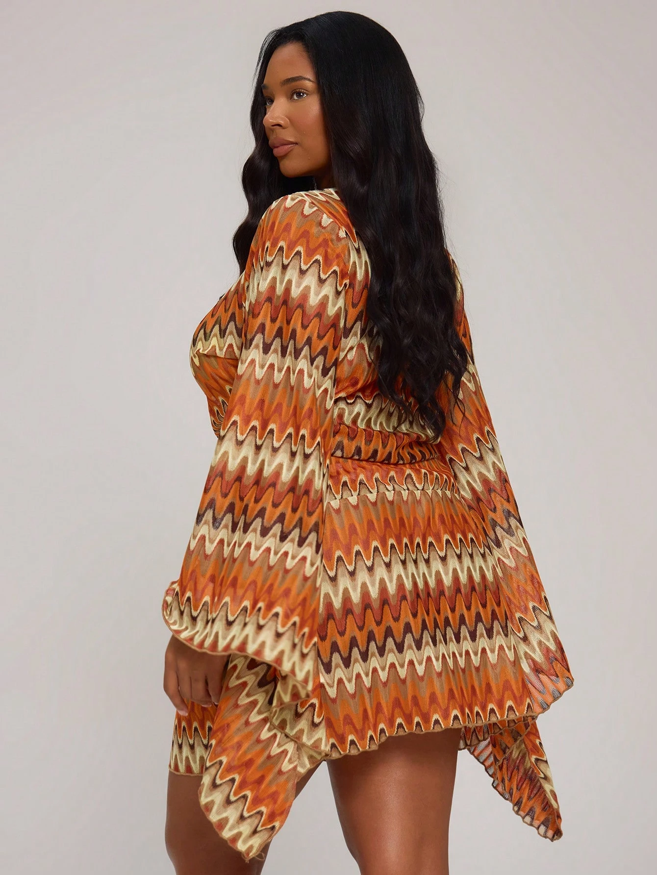 MUSERA Robe mini ajustée à manches longues en tricot crochet rayé avec col roulé, grande — vue 8