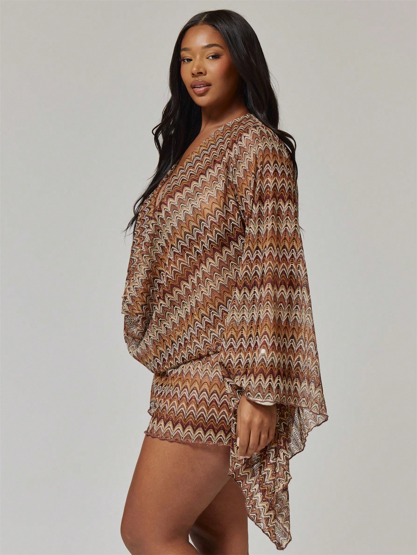 MUSERA Robe mini ajustée à manches longues en tricot crochet rayé avec col roulé, grande — vue 7