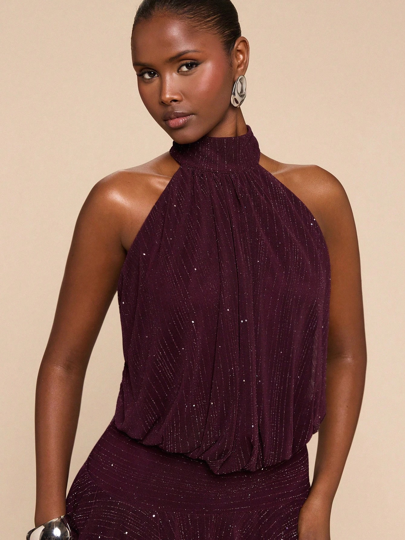 Robe mini femme à col ras-du-cou et volants, robe violet-rouge — vue 11