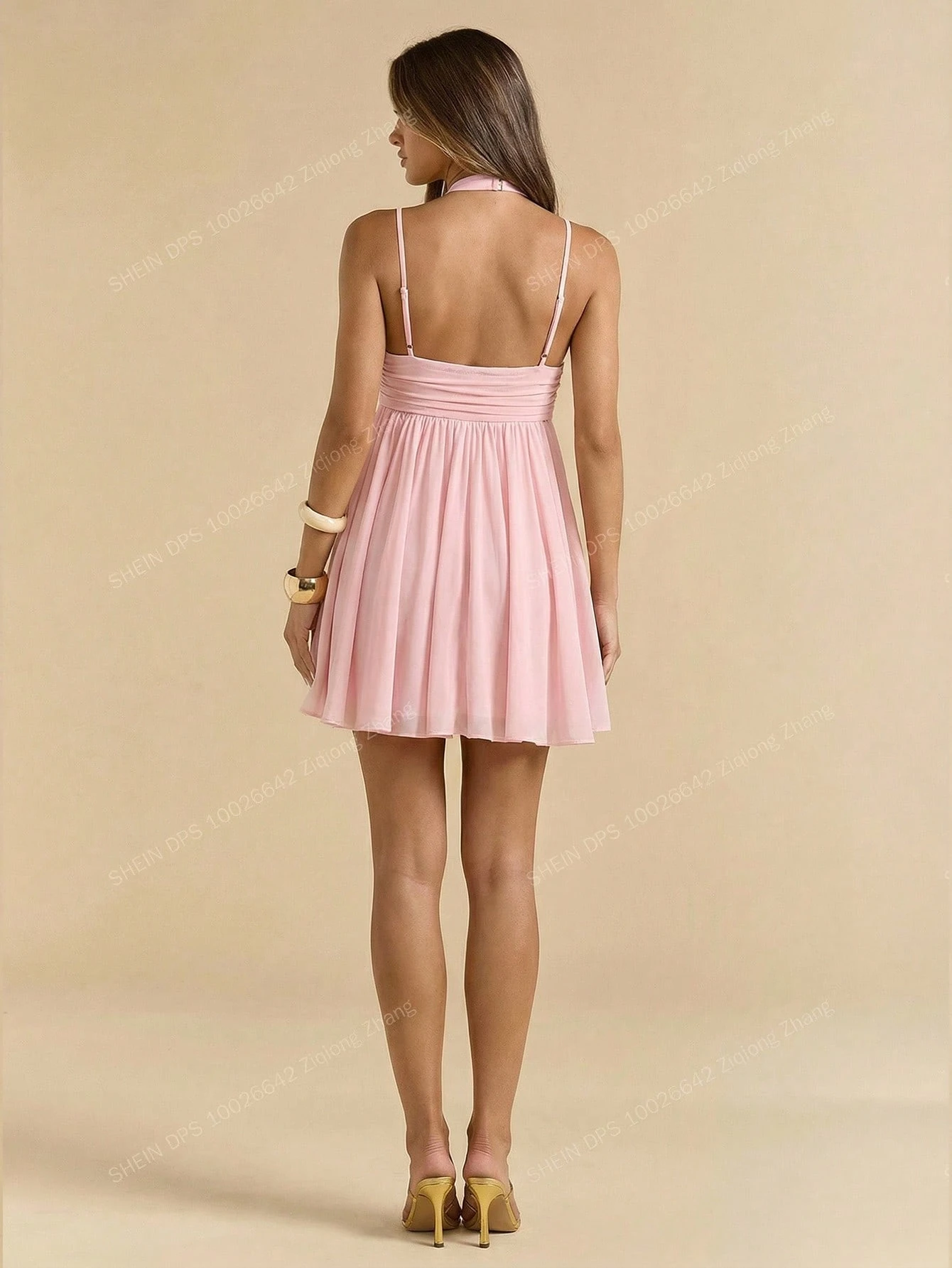 Robe d'été sans manches à fines bretelles, rose unicolore, élégante, douce et — vue 10