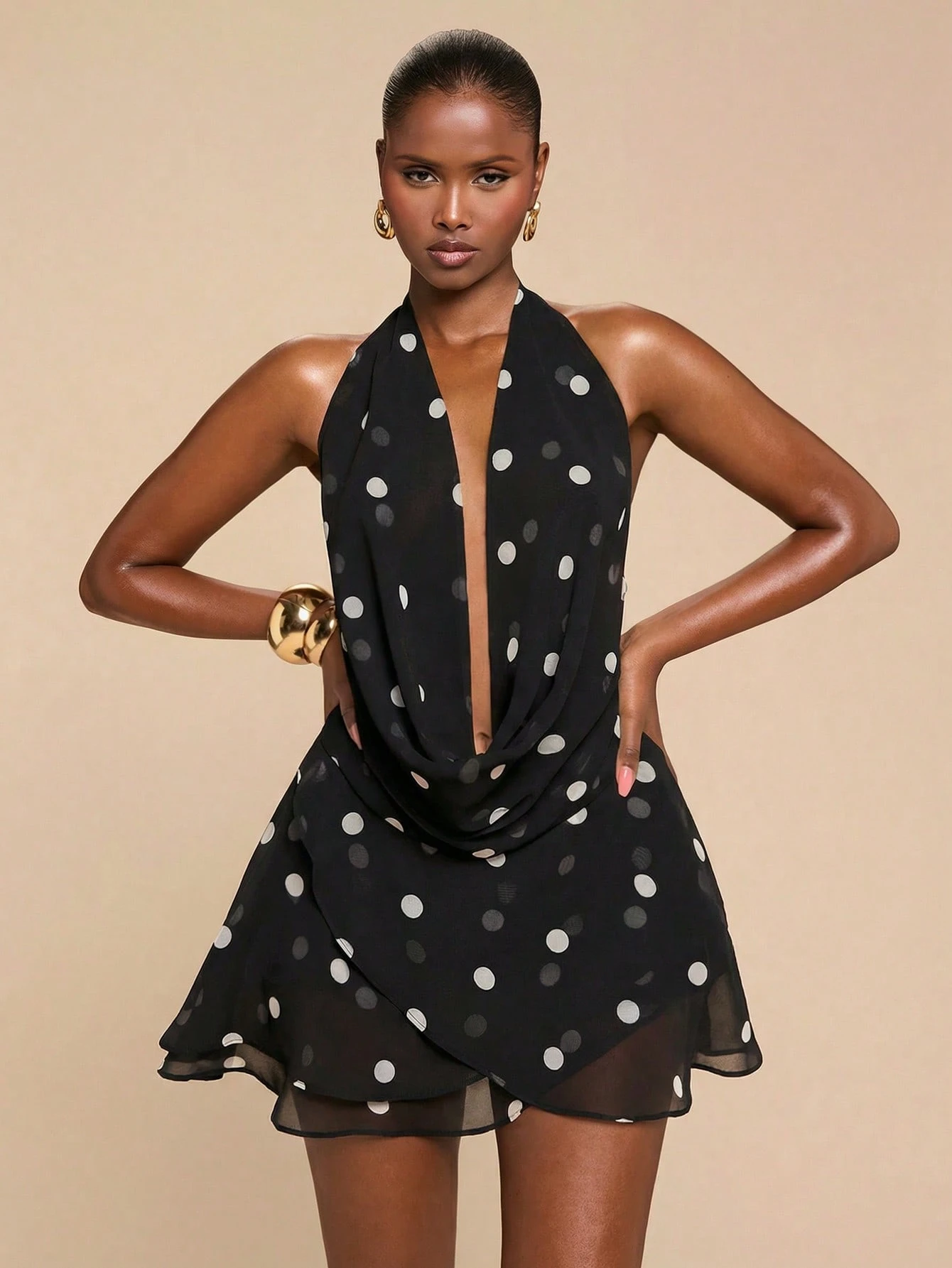 Robe maxi élégante et sexy avec col châle en mousseline de soie à rayures — vue 3