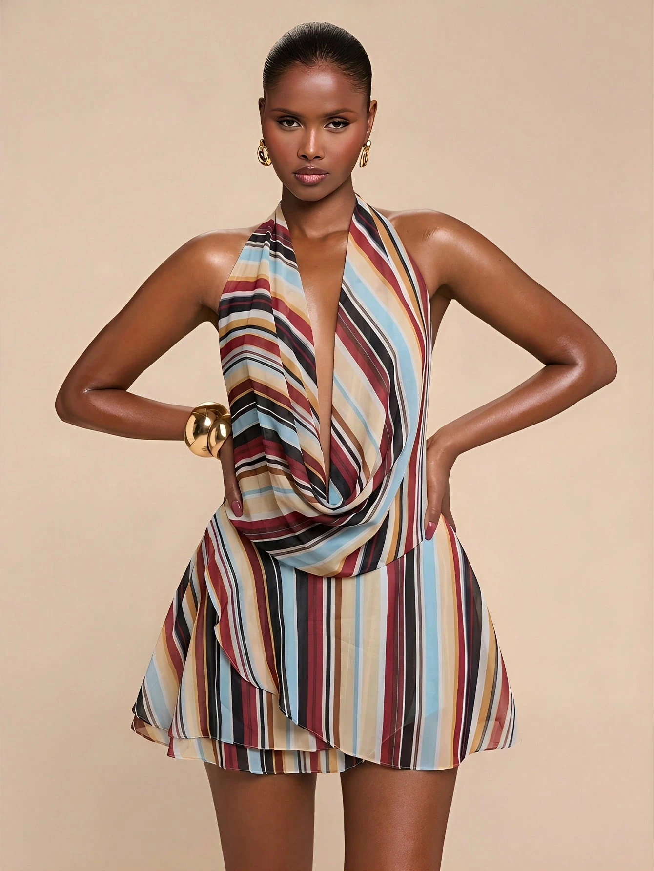 Robe maxi élégante et sexy avec col châle en mousseline de soie à rayures