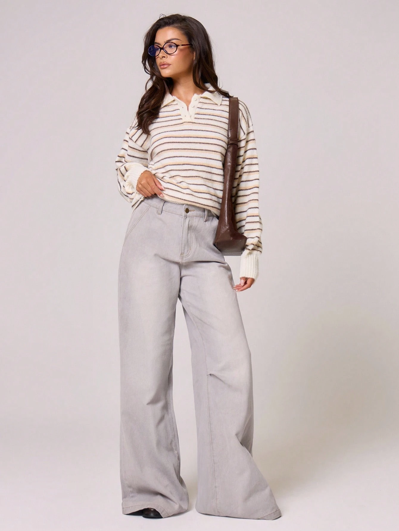 MUSERA Pull polo à manches longues avec boutons, col, rayures en tricot, coupe ample. — vue 2