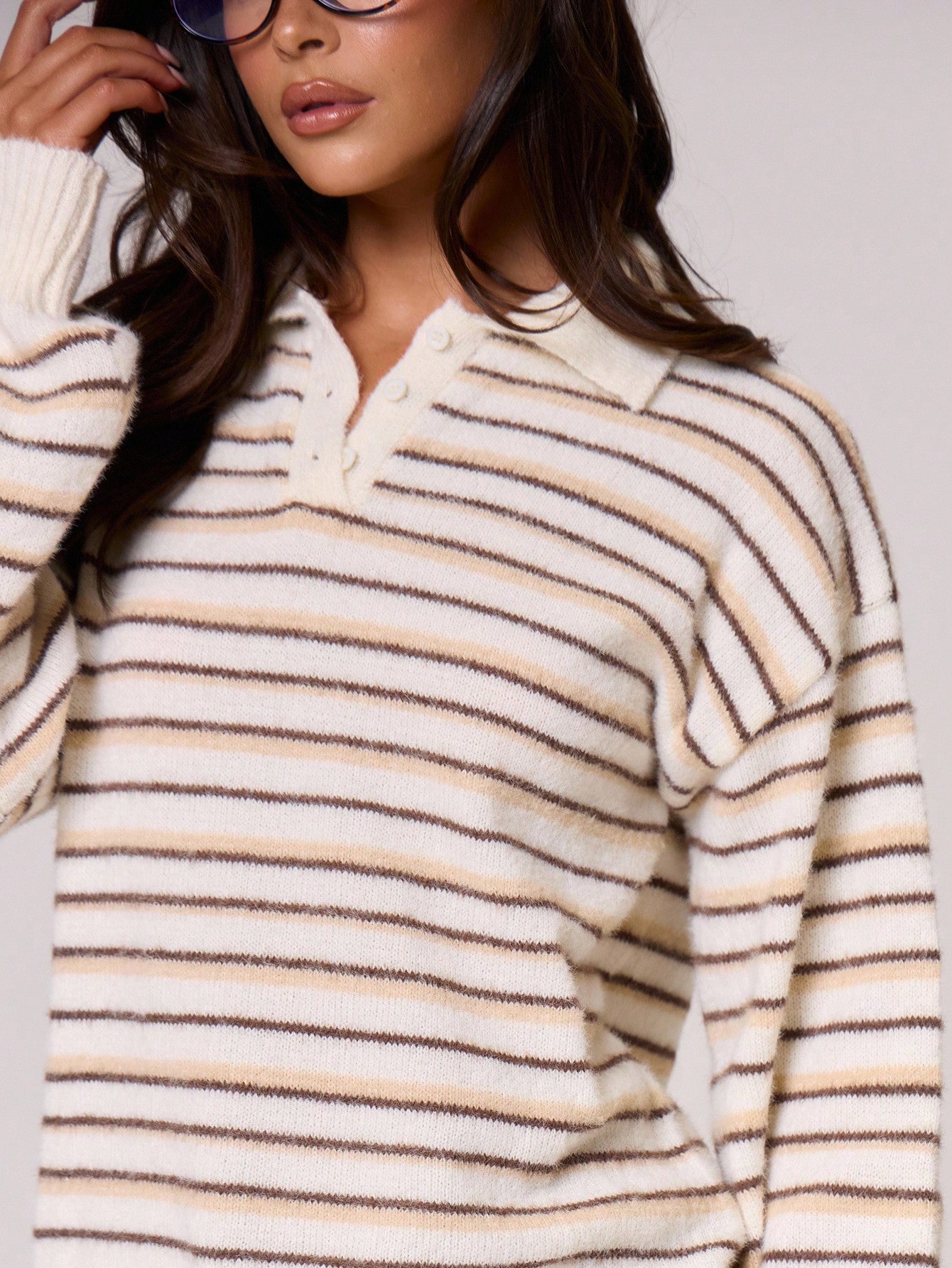 MUSERA Pull polo à manches longues avec boutons, col, rayures en tricot, coupe ample. — vue 5