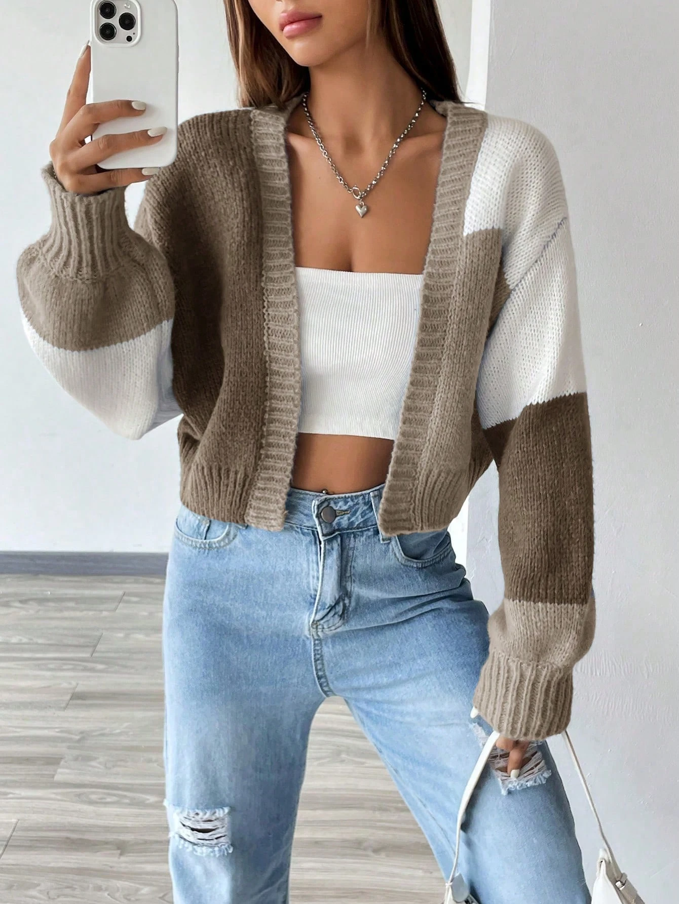 Flirla Cardigan long clouté à épaules tombantes en blocs de couleurs, Top à manches — vue 3