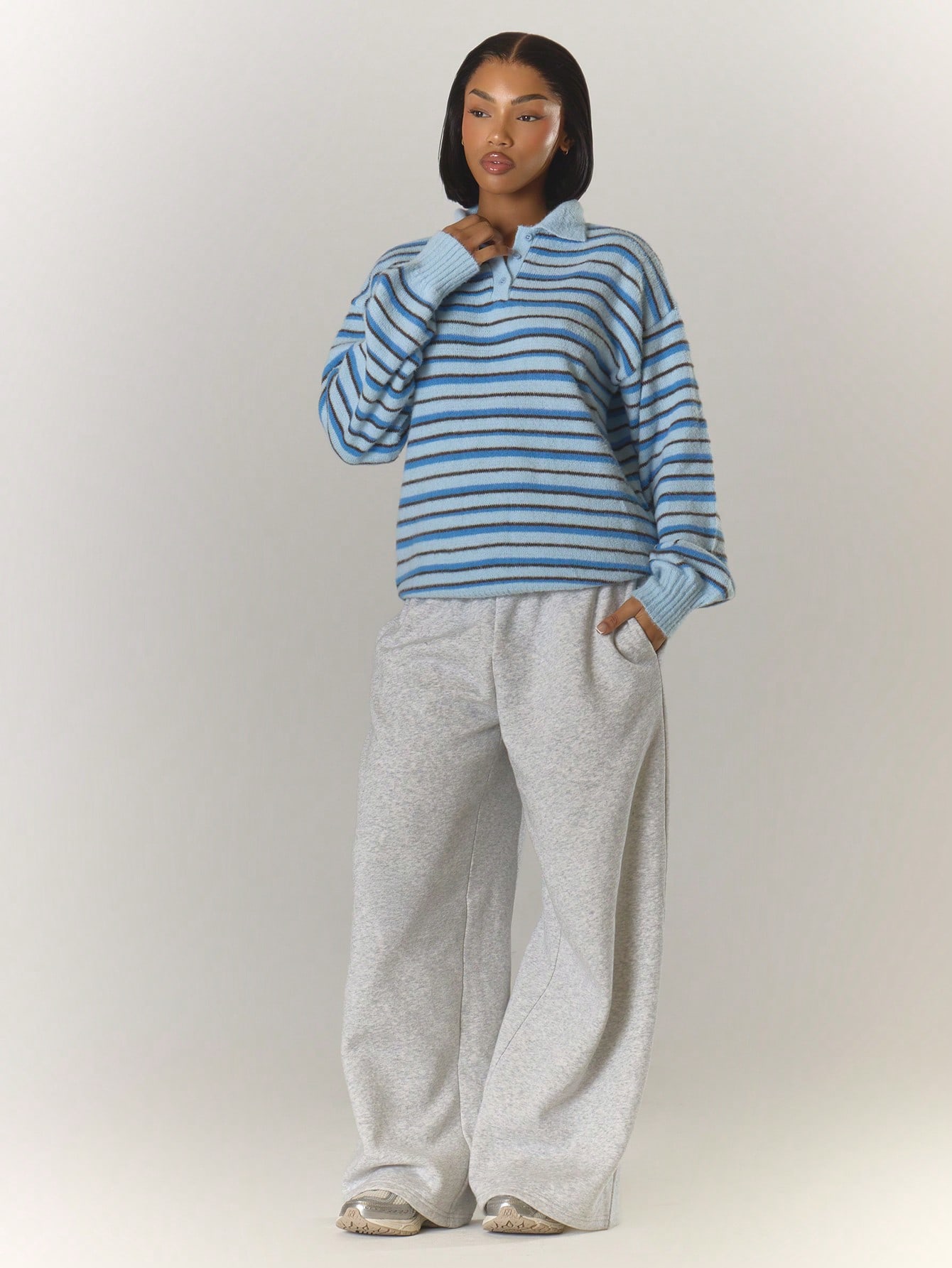 MUSERA Pull polo à manches longues avec boutons, col, rayures en tricot, coupe ample. — vue 4