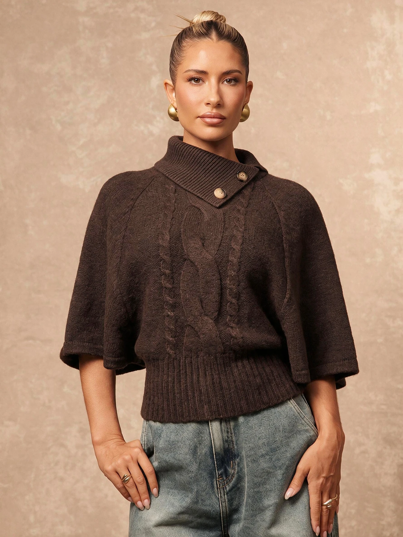 Lumalex Pull col roulé manches courtes beige clair élégant et décontracté pour femme, — vue 4