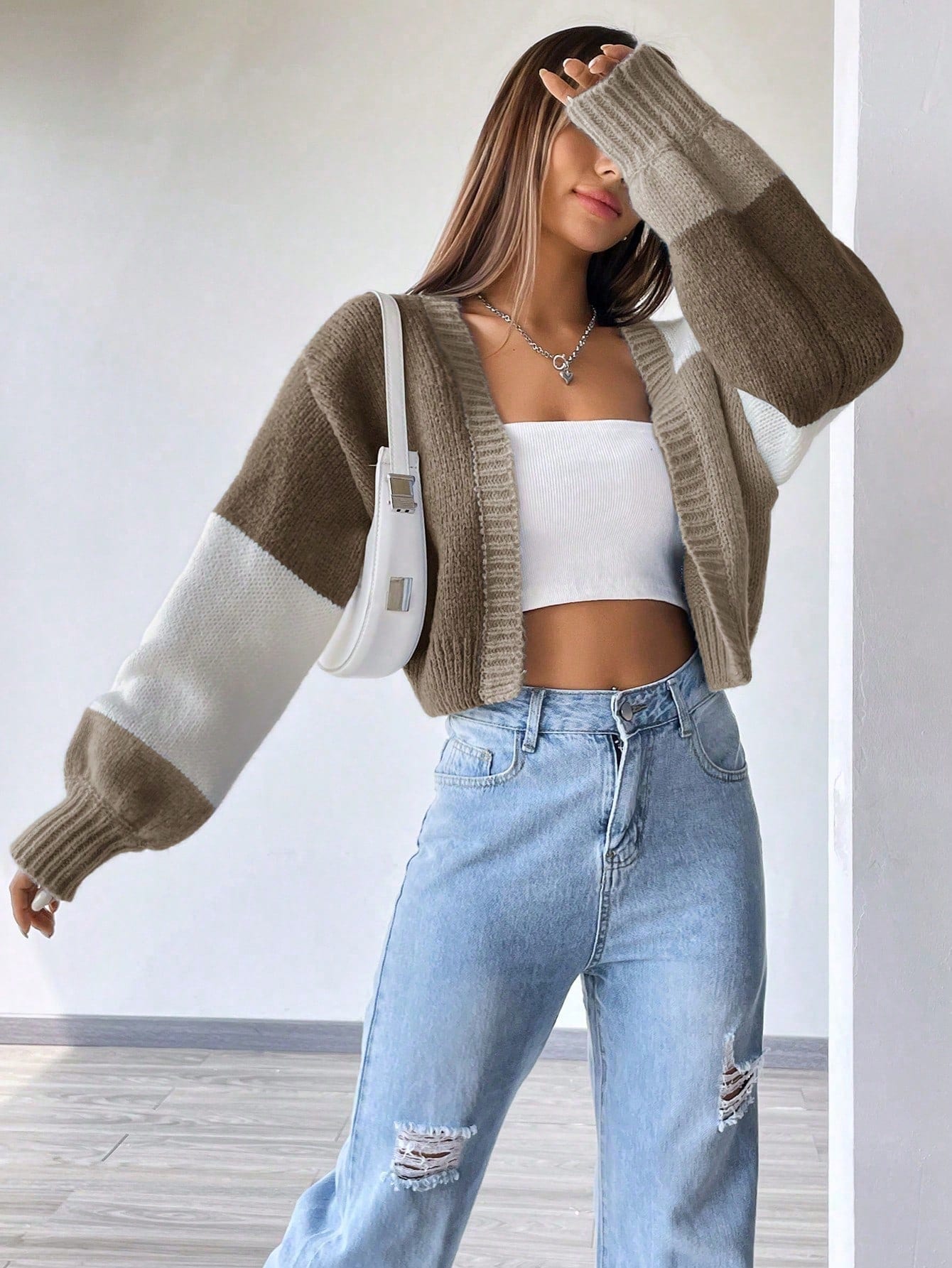 Flirla Cardigan long clouté à épaules tombantes en blocs de couleurs, Top à manches