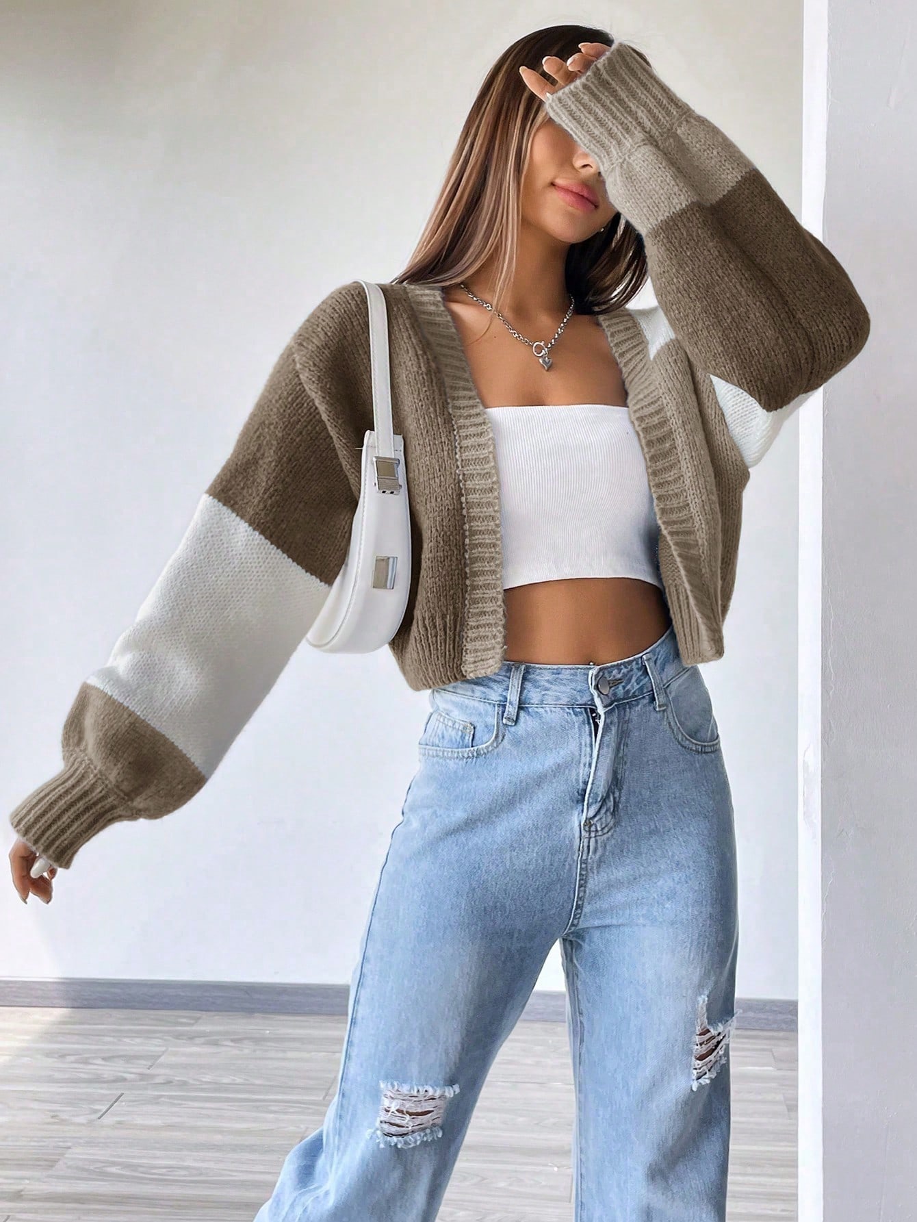 Flirla Cardigan long clouté à épaules tombantes en blocs de couleurs, Top à manches