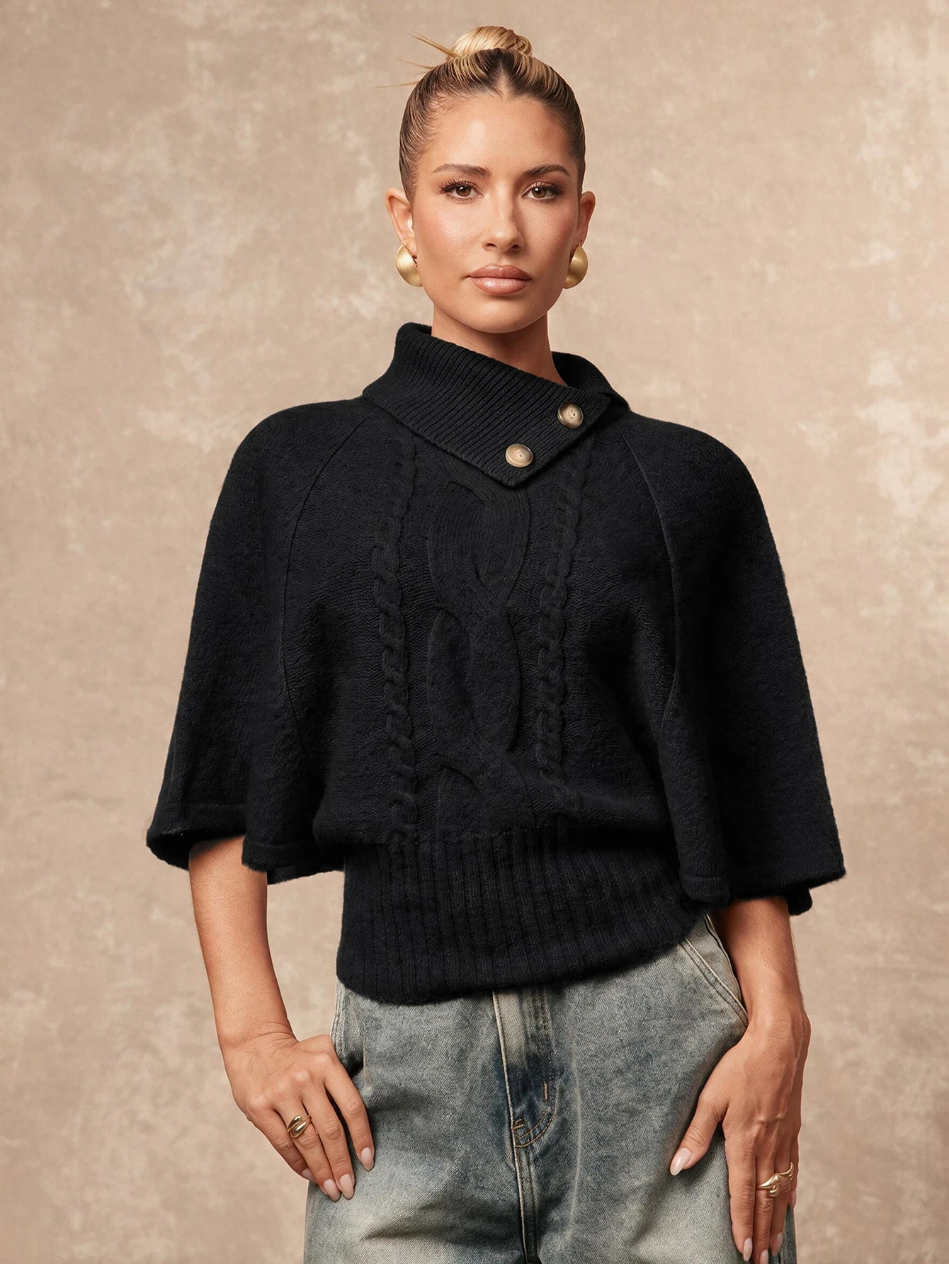 Lumalex Pull col roulé manches courtes beige clair élégant et décontracté pour femme, — vue 2