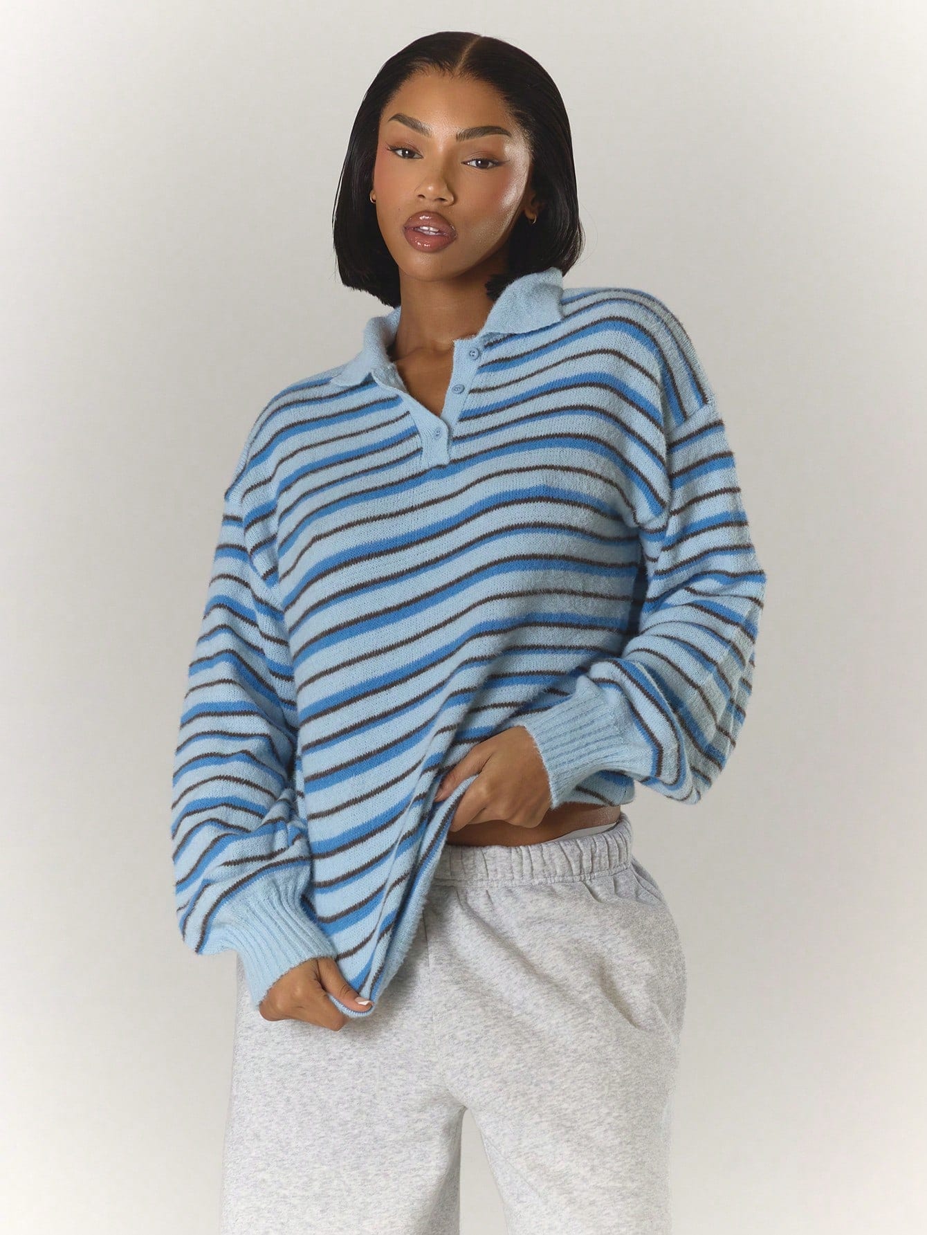MUSERA Pull polo à manches longues avec boutons, col, rayures en tricot, coupe ample.