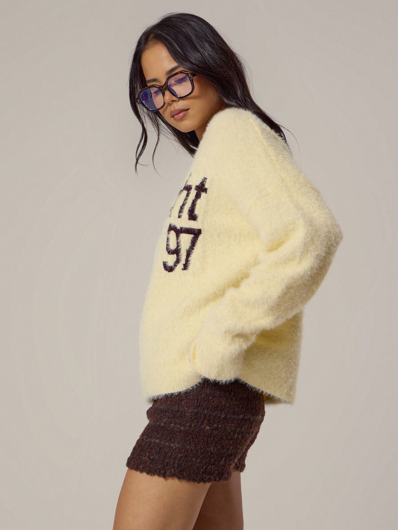 MUSERA Pull en tricot avec slogan graphique, épaules tombantes, tricot moelleux, — vue 5