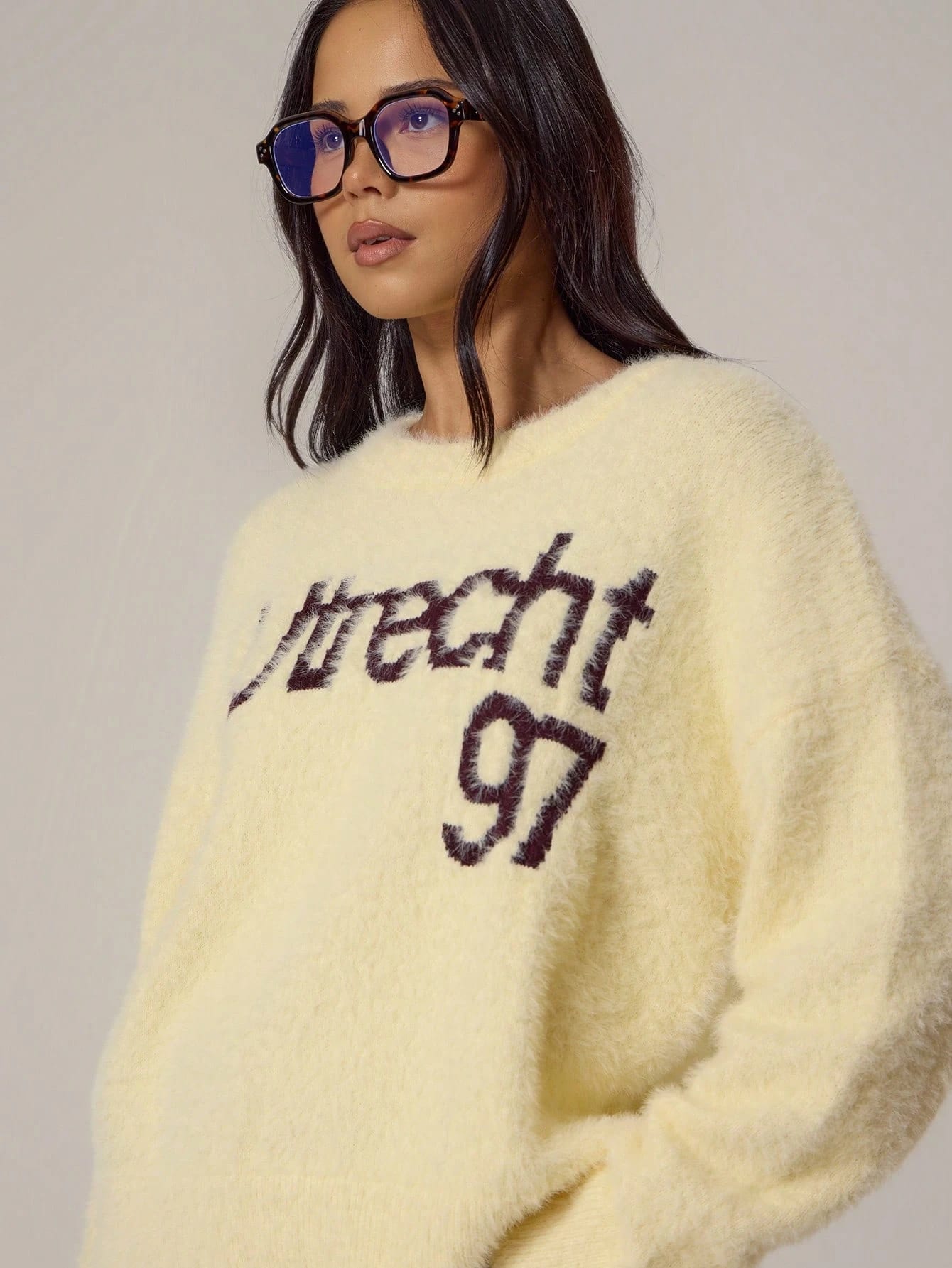 MUSERA Pull en tricot avec slogan graphique, épaules tombantes, tricot moelleux,