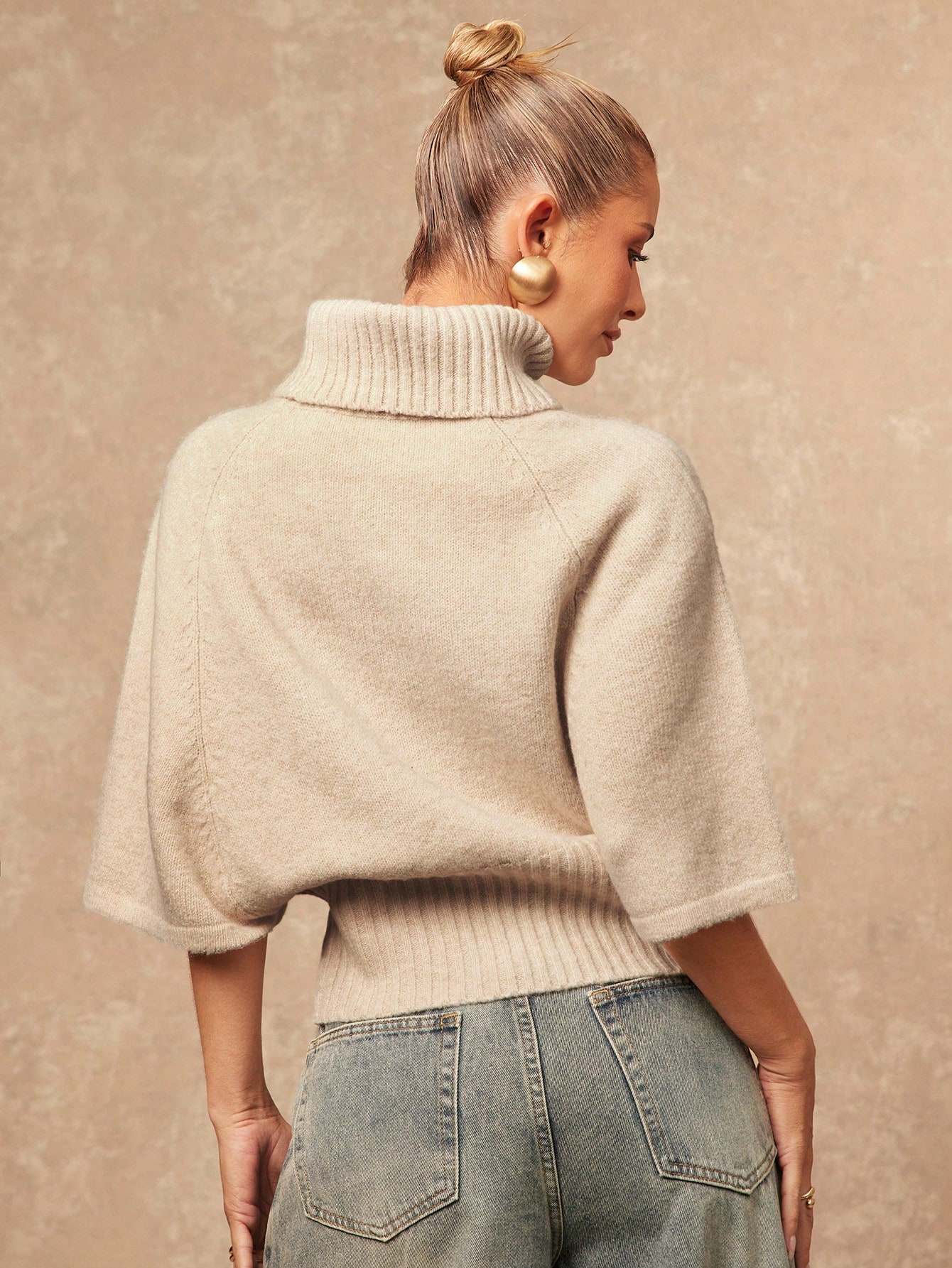Lumalex Pull col roulé manches courtes beige clair élégant et décontracté pour femme, — vue 5