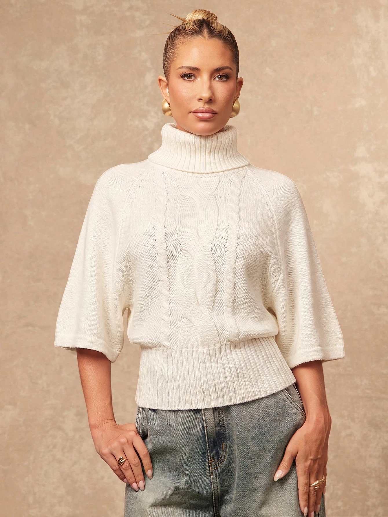 Lumalex Pull col roulé manches courtes beige clair élégant et décontracté pour femme, — vue 3