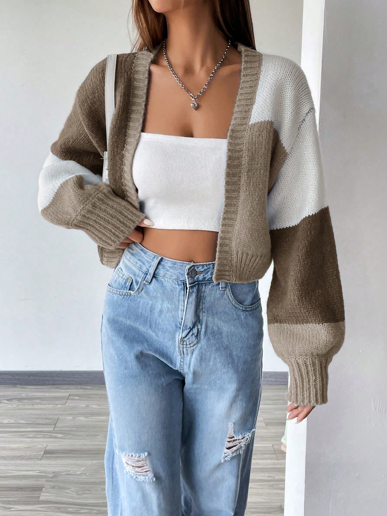 Flirla Cardigan long clouté à épaules tombantes en blocs de couleurs, Top à manches — vue 5