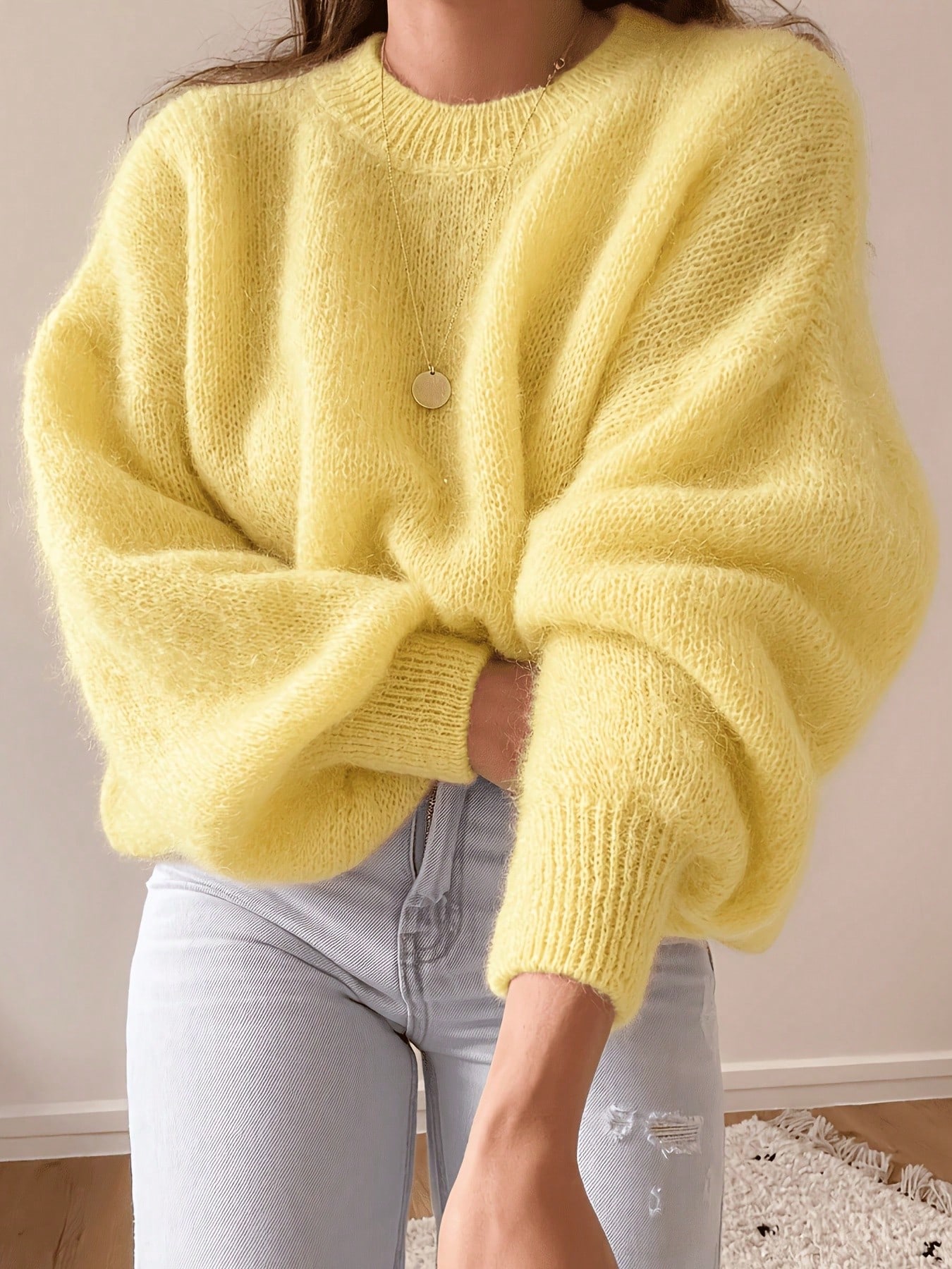 Pull en mohair rose vif moelleux pour femmes, Top tricoté décontracté ample à col rond,