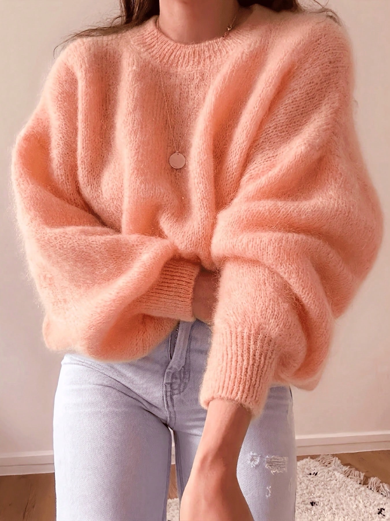 Pull en mohair rose vif moelleux pour femmes, Top tricoté décontracté ample à col rond, — vue 5