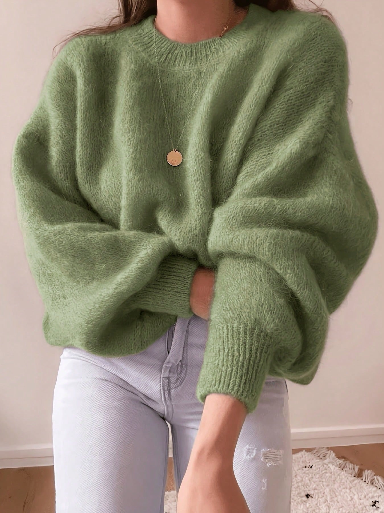 Pull en mohair rose vif moelleux pour femmes, Top tricoté décontracté ample à col rond, — vue 3