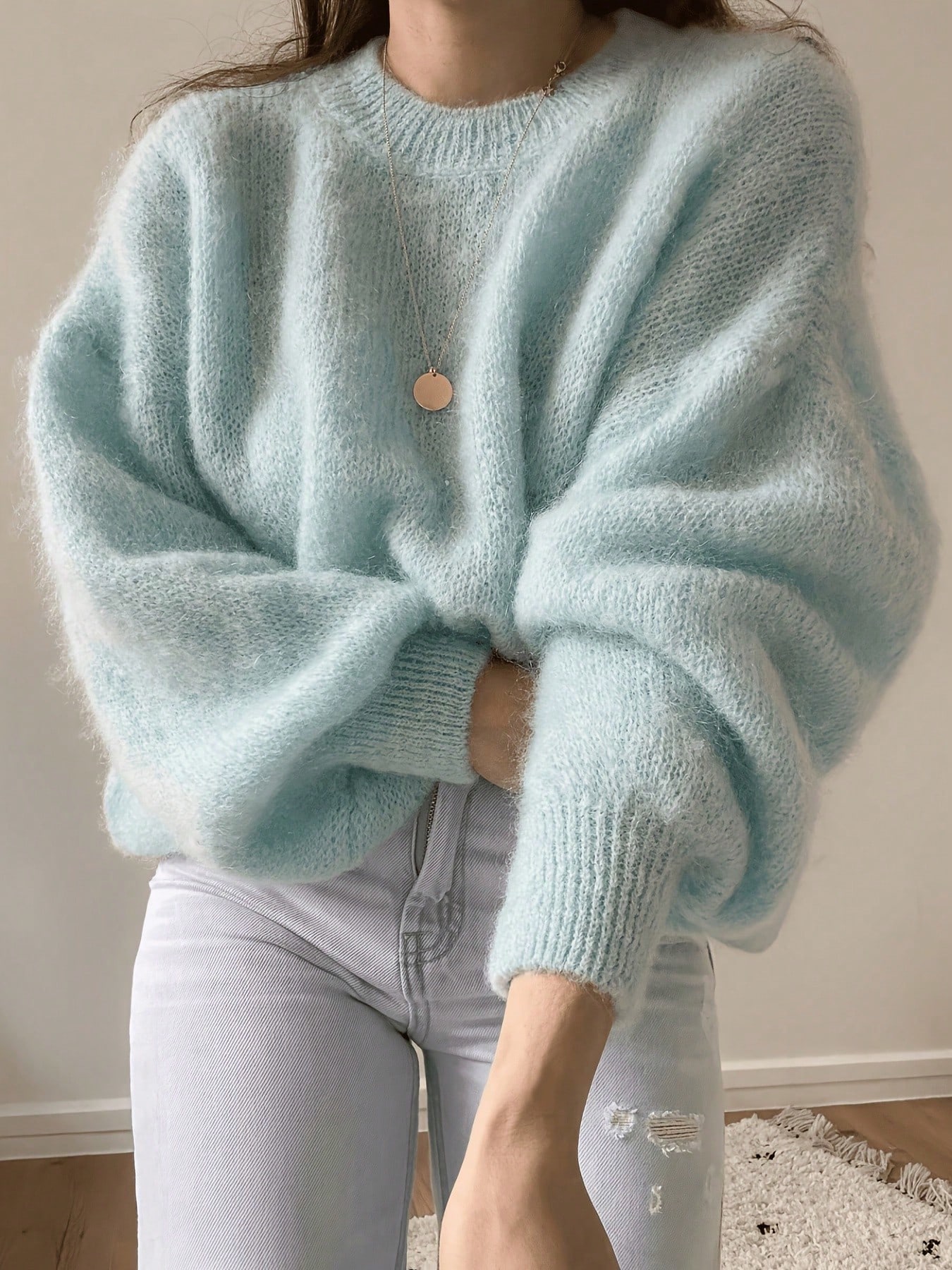 Pull en mohair rose vif moelleux pour femmes, Top tricoté décontracté ample à col rond, — vue 6