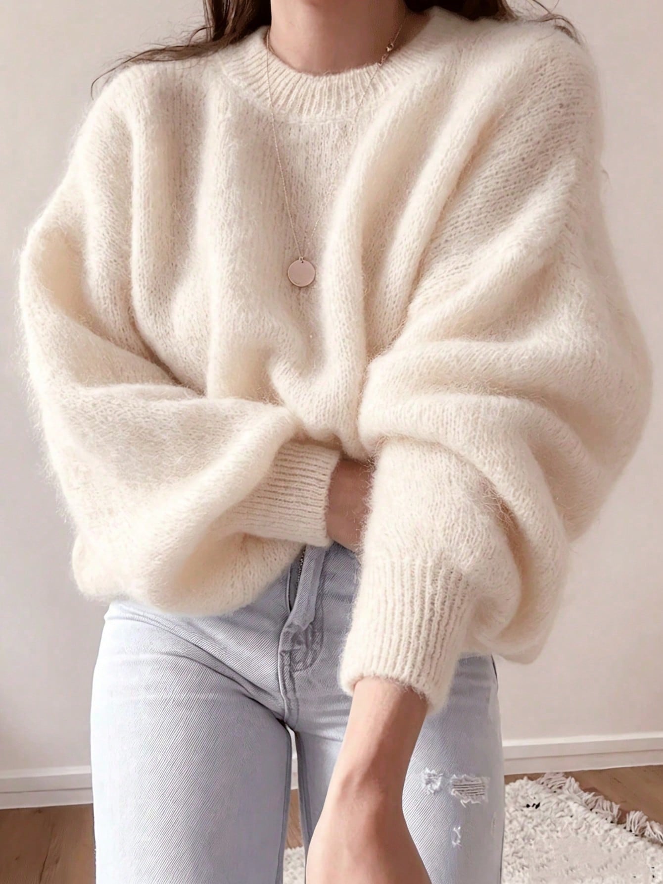 Pull en mohair rose vif moelleux pour femmes, Top tricoté décontracté ample à col rond, — vue 4