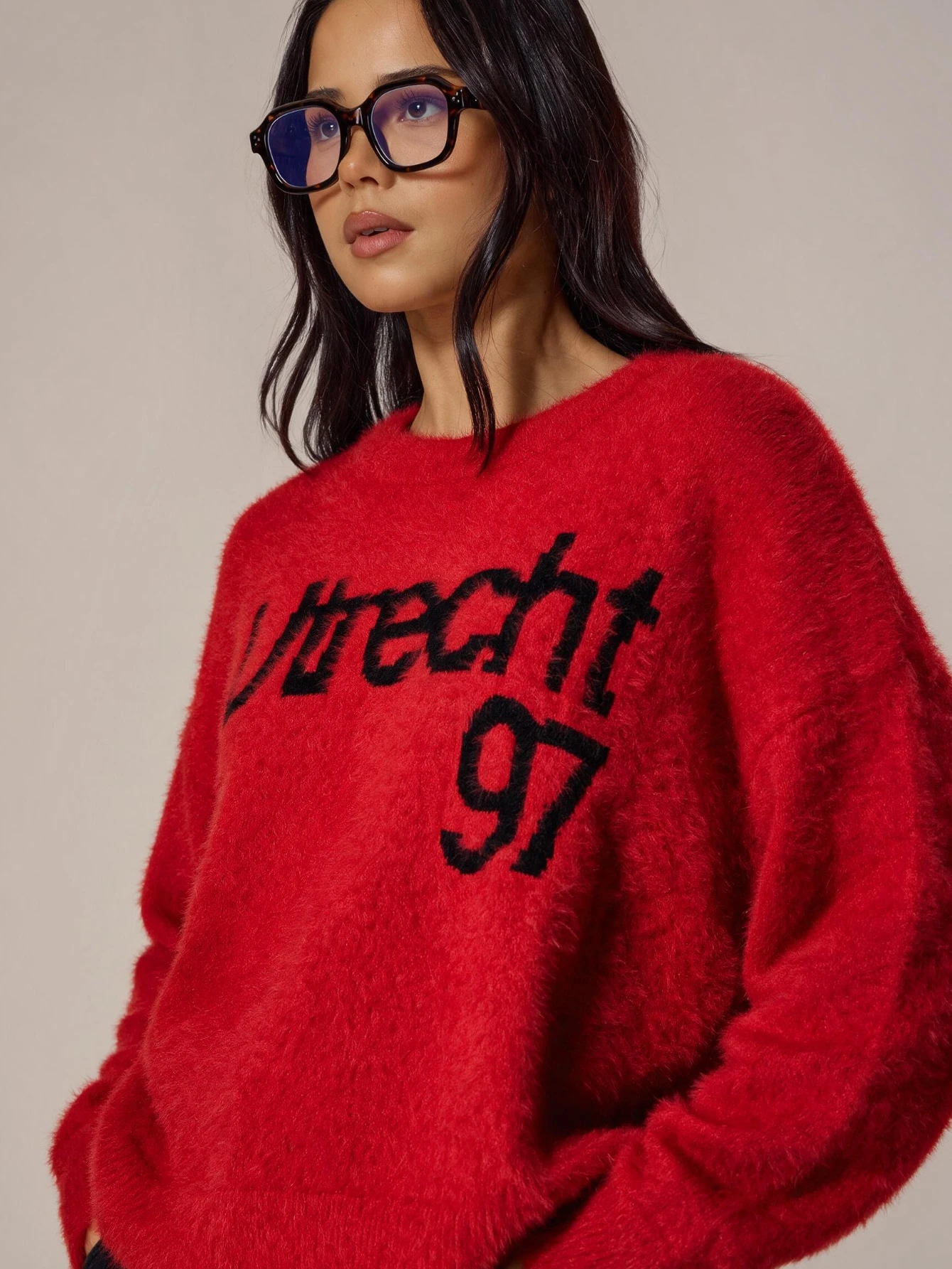MUSERA Pull en tricot avec slogan graphique, épaules tombantes, tricot moelleux, — vue 8
