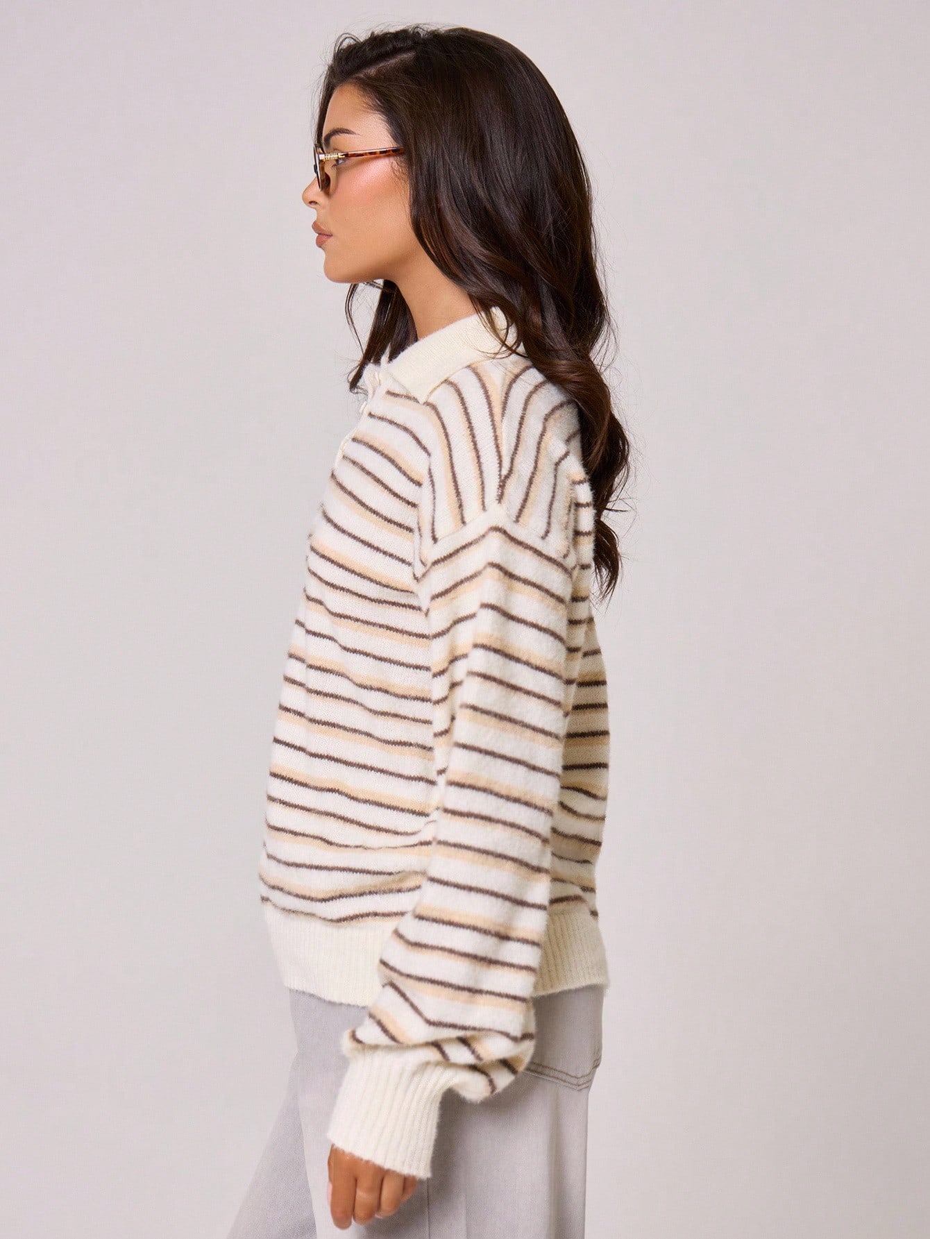 MUSERA Pull polo à manches longues avec boutons, col, rayures en tricot, coupe ample. — vue 8