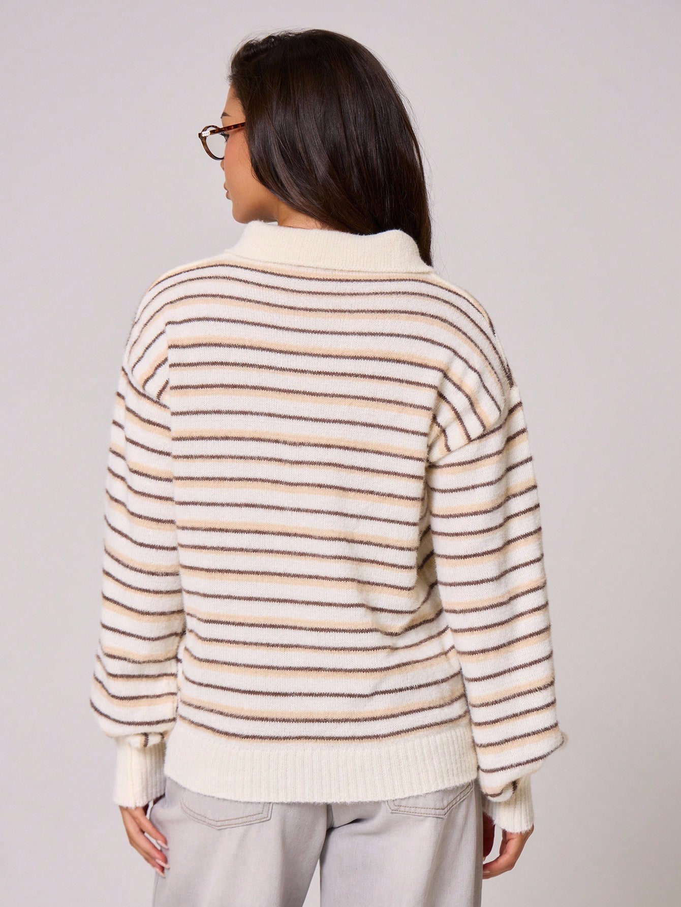 MUSERA Pull polo à manches longues avec boutons, col, rayures en tricot, coupe ample. — vue 11