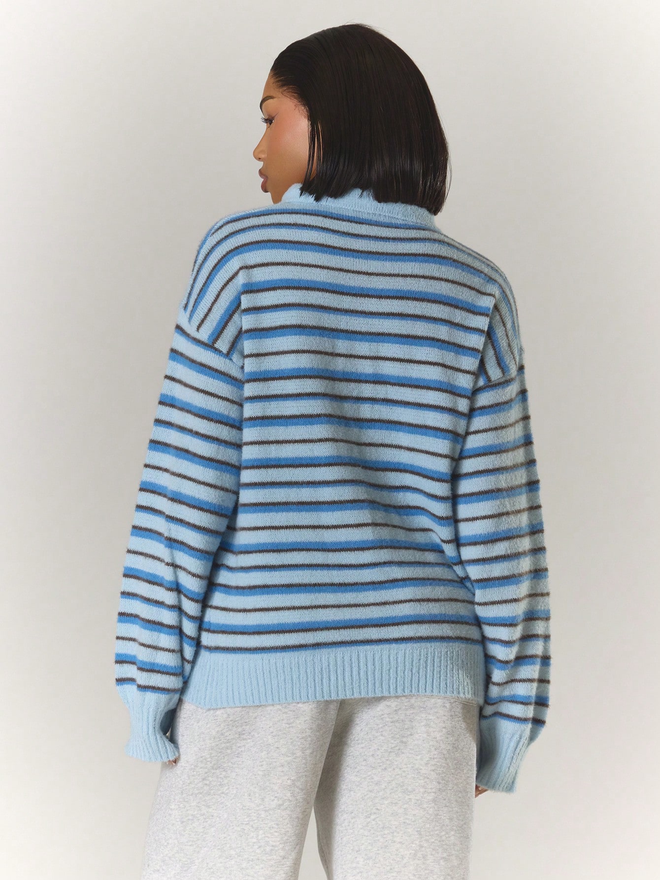 MUSERA Pull polo à manches longues avec boutons, col, rayures en tricot, coupe ample. — vue 7