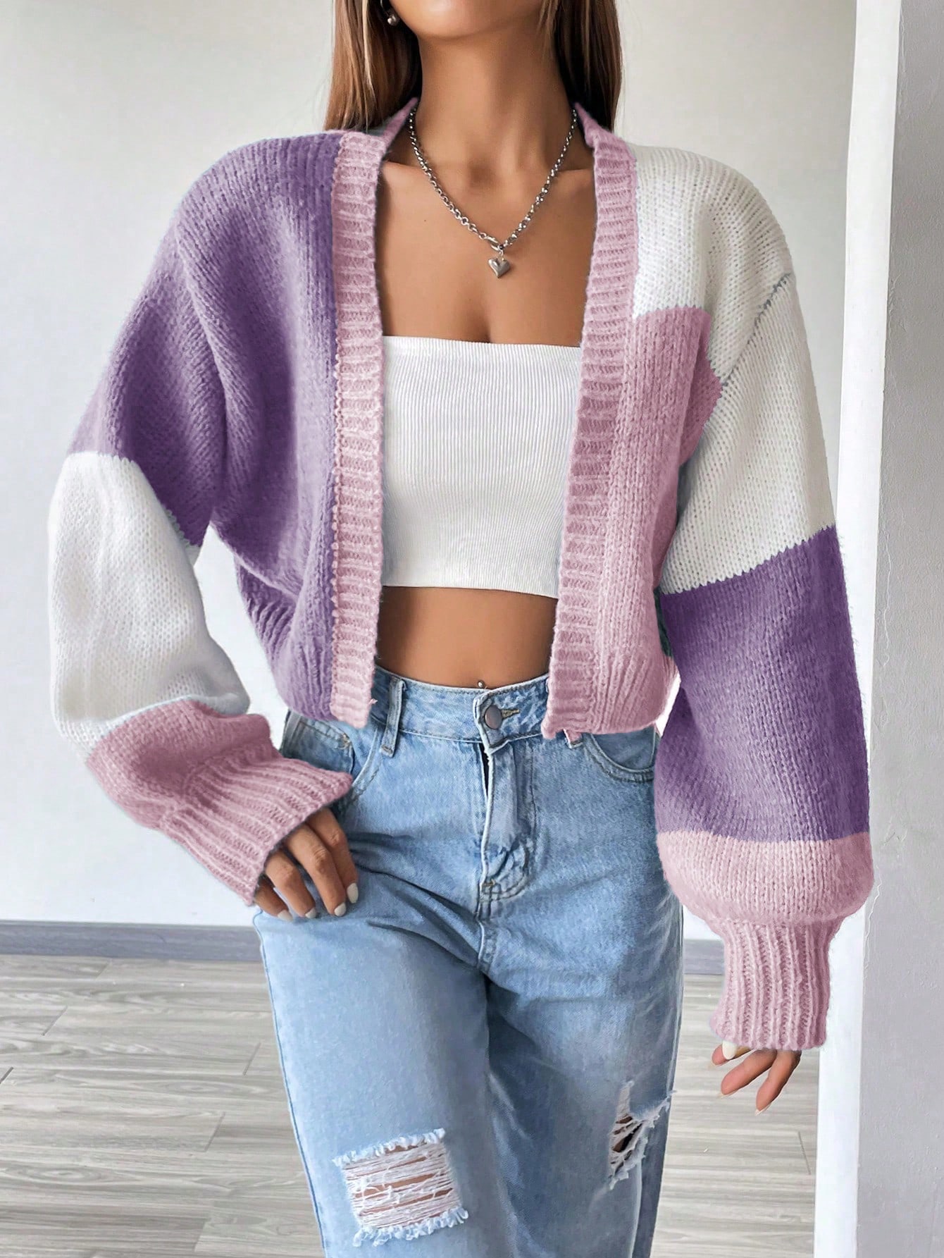 Flirla Cardigan long clouté à épaules tombantes en blocs de couleurs, Top à manches — vue 11