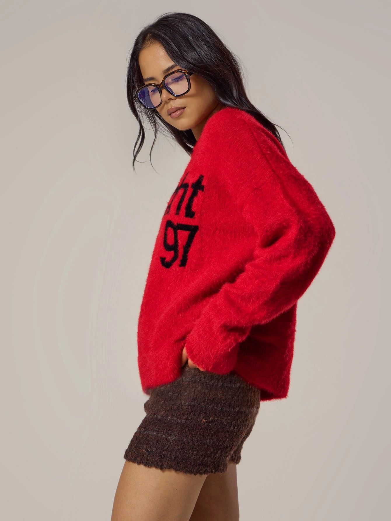 MUSERA Pull en tricot avec slogan graphique, épaules tombantes, tricot moelleux, — vue 12