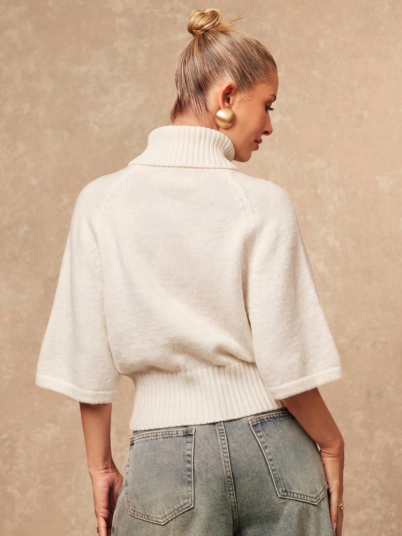 Lumalex Pull col roulé manches courtes beige clair élégant et décontracté pour femme, — vue 7