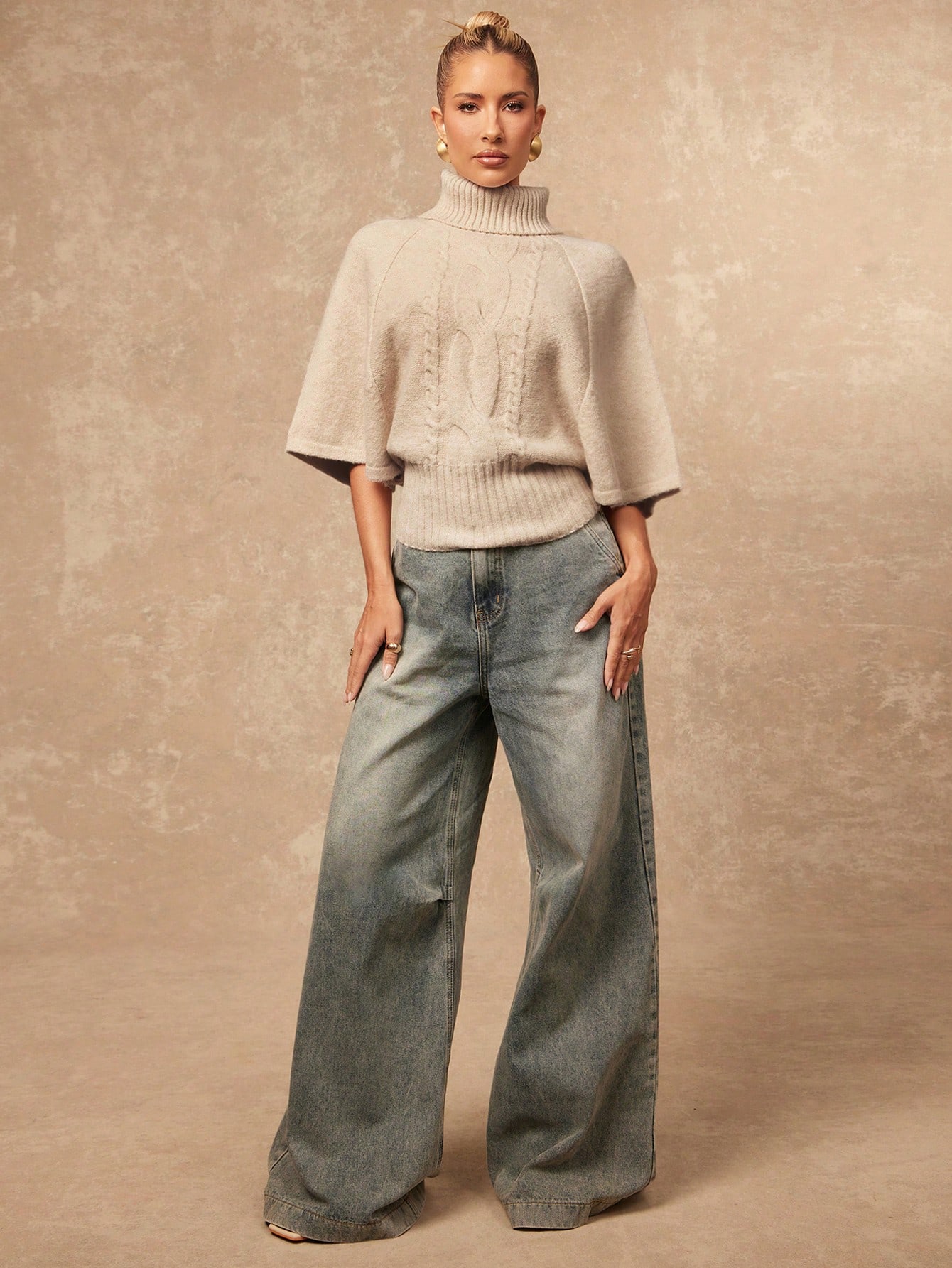 Lumalex Pull col roulé manches courtes beige clair élégant et décontracté pour femme, — vue 9