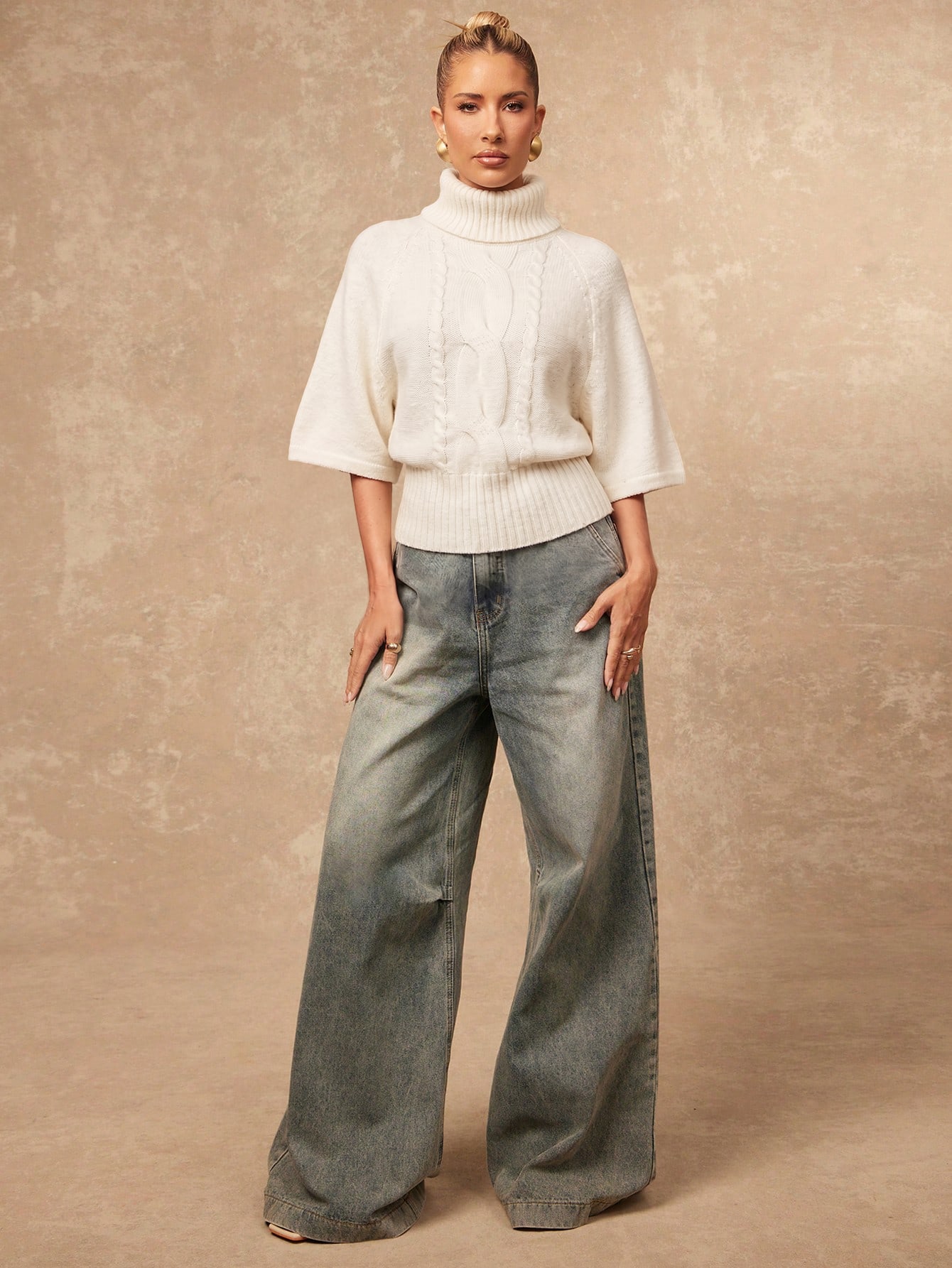 Lumalex Pull col roulé manches courtes beige clair élégant et décontracté pour femme, — vue 11