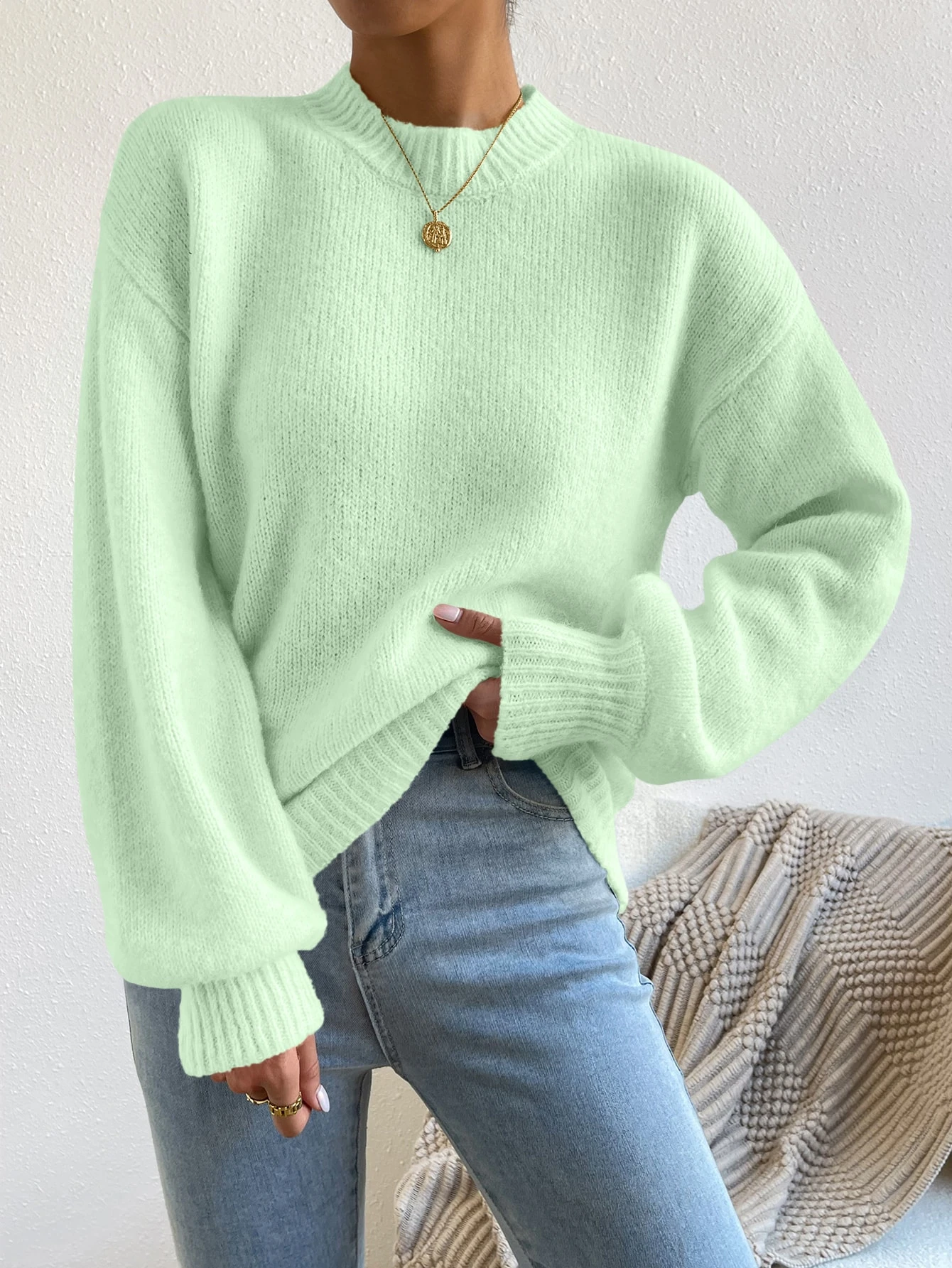 Pull à col montant avec épaules tombantes, Top à manches longues tricoté, pull pour