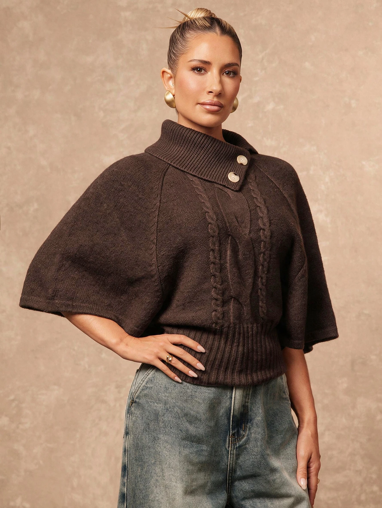 Lumalex Pull col roulé manches courtes beige clair élégant et décontracté pour femme, — vue 12