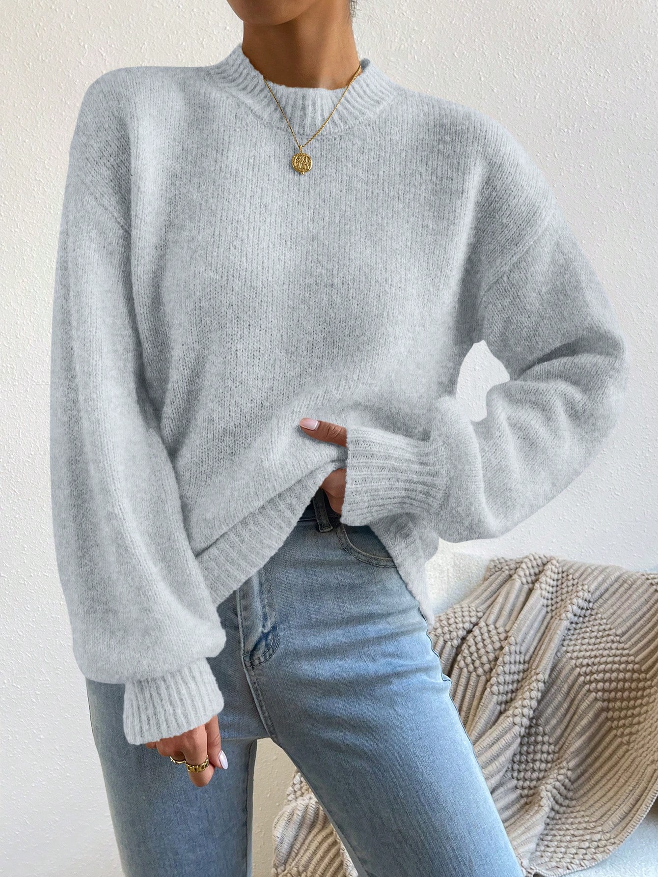 Pull à col montant avec épaules tombantes, Top à manches longues tricoté, pull pour — vue 4