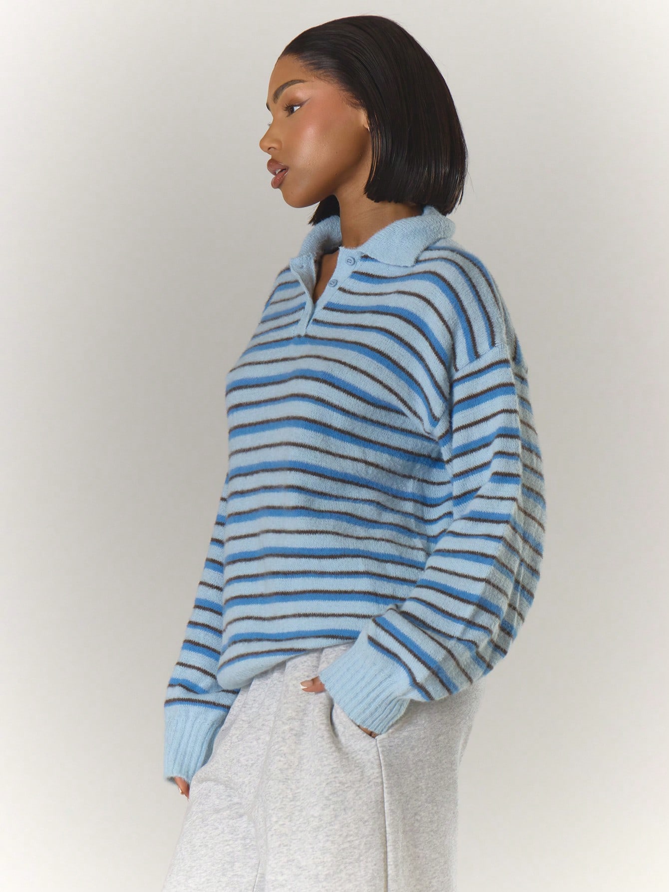 MUSERA Pull polo à manches longues avec boutons, col, rayures en tricot, coupe ample. — vue 10