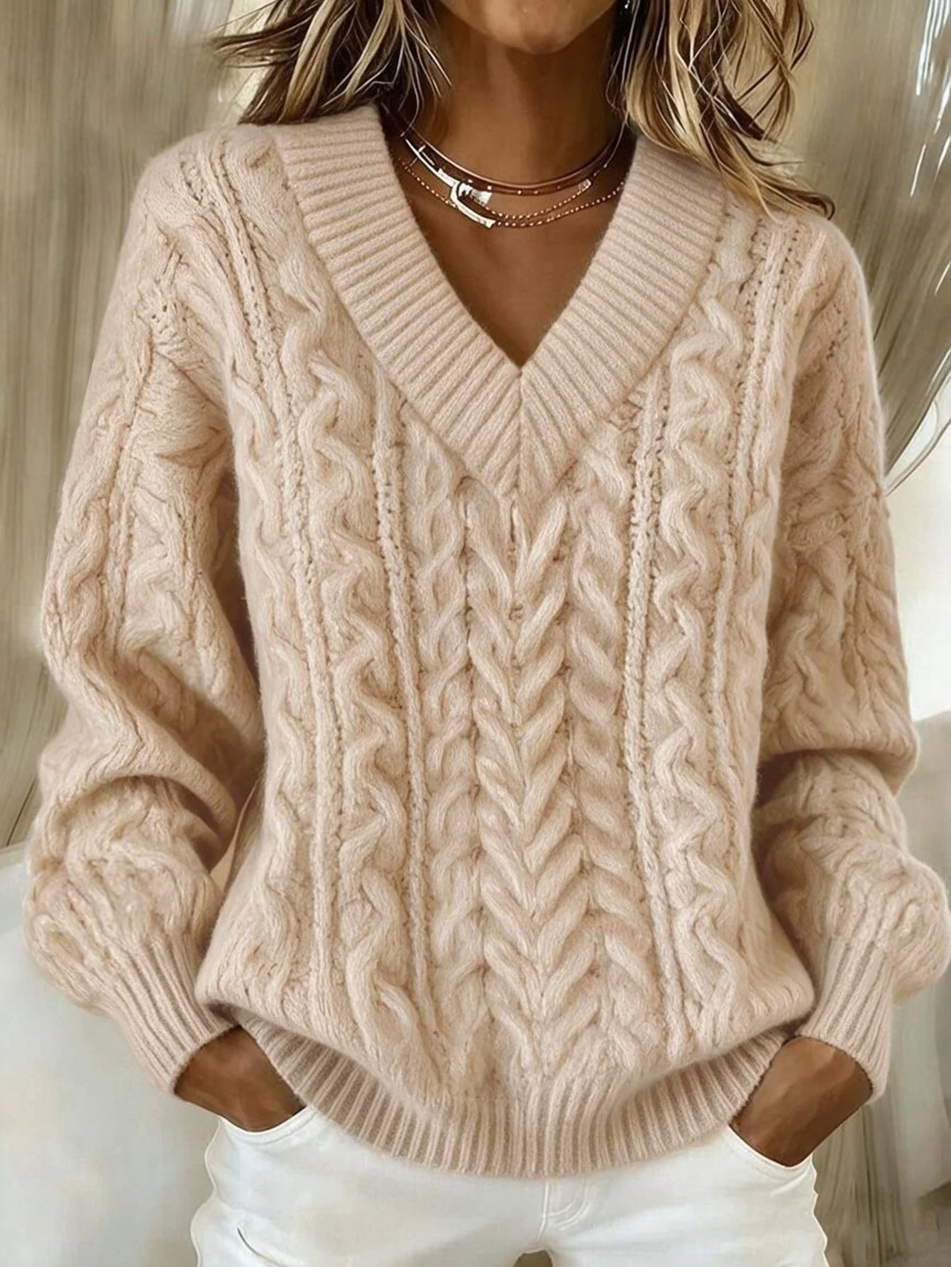 Franclia Nouveau pull ample, doux et rose bonbon, avec un design ample et un col en V. — vue 4