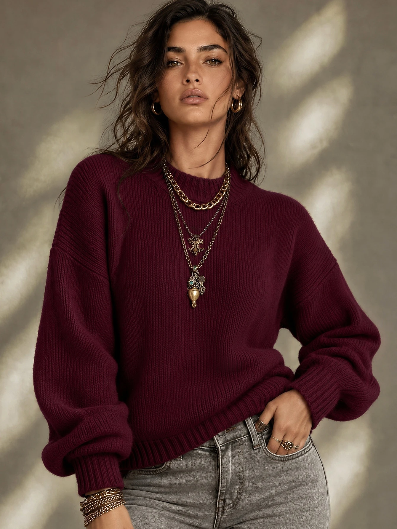 Pull à col montant avec épaules tombantes, Top à manches longues tricoté, pull pour — vue 5