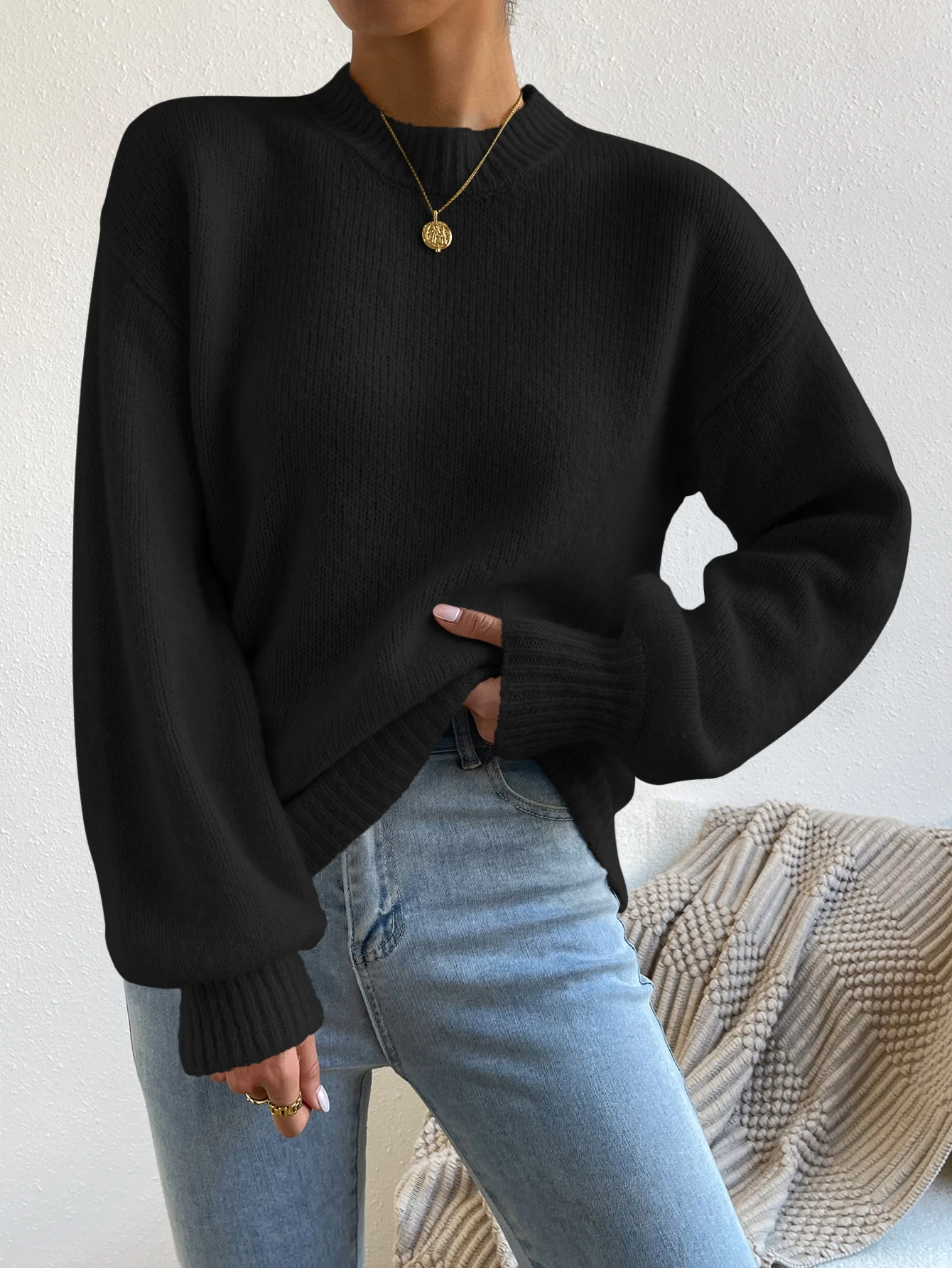 Pull à col montant avec épaules tombantes, Top à manches longues tricoté, pull pour — vue 2