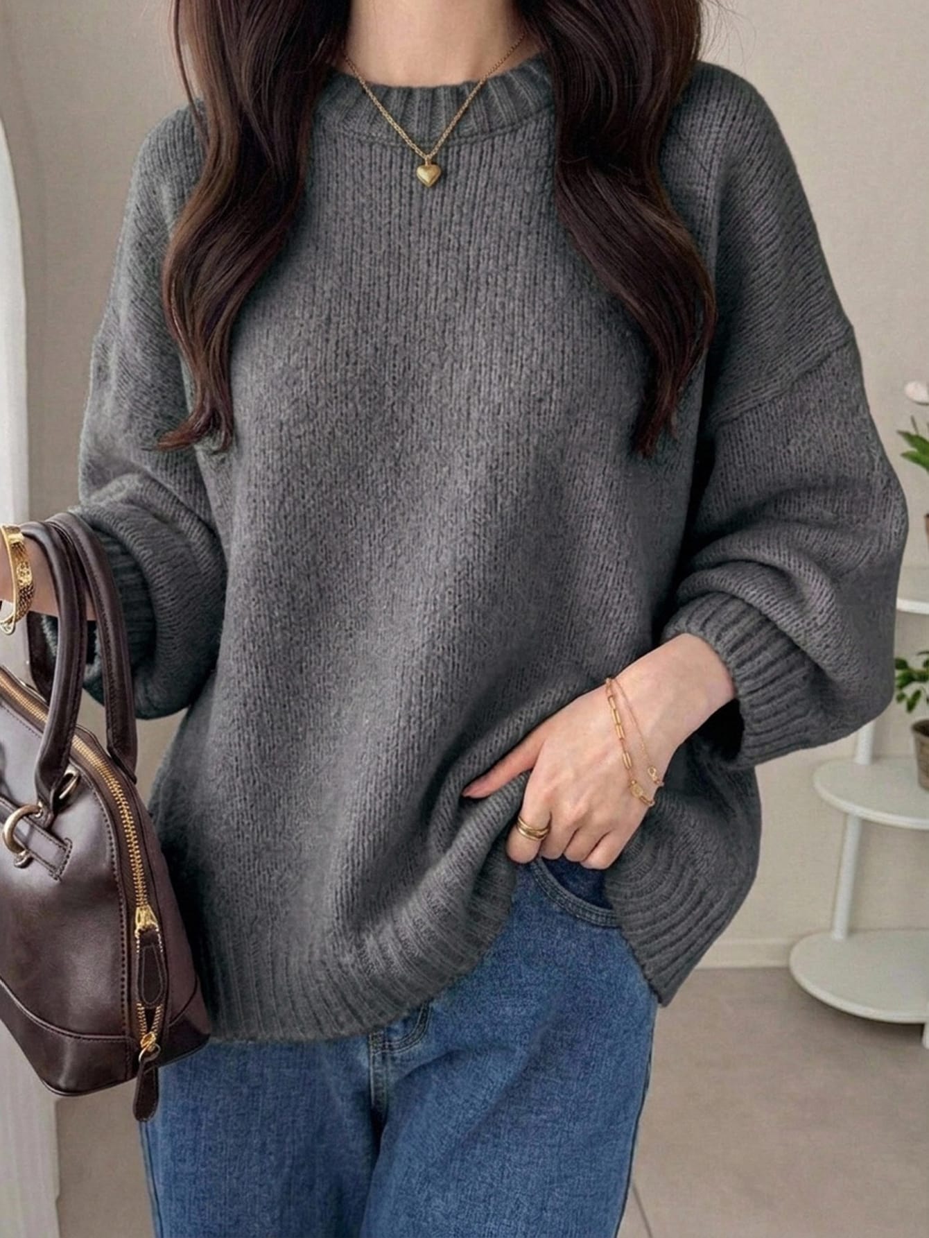 DAZY Pull ample à col rond, manches longues, simple. Vêtement casual pour tous les jours, — vue 4
