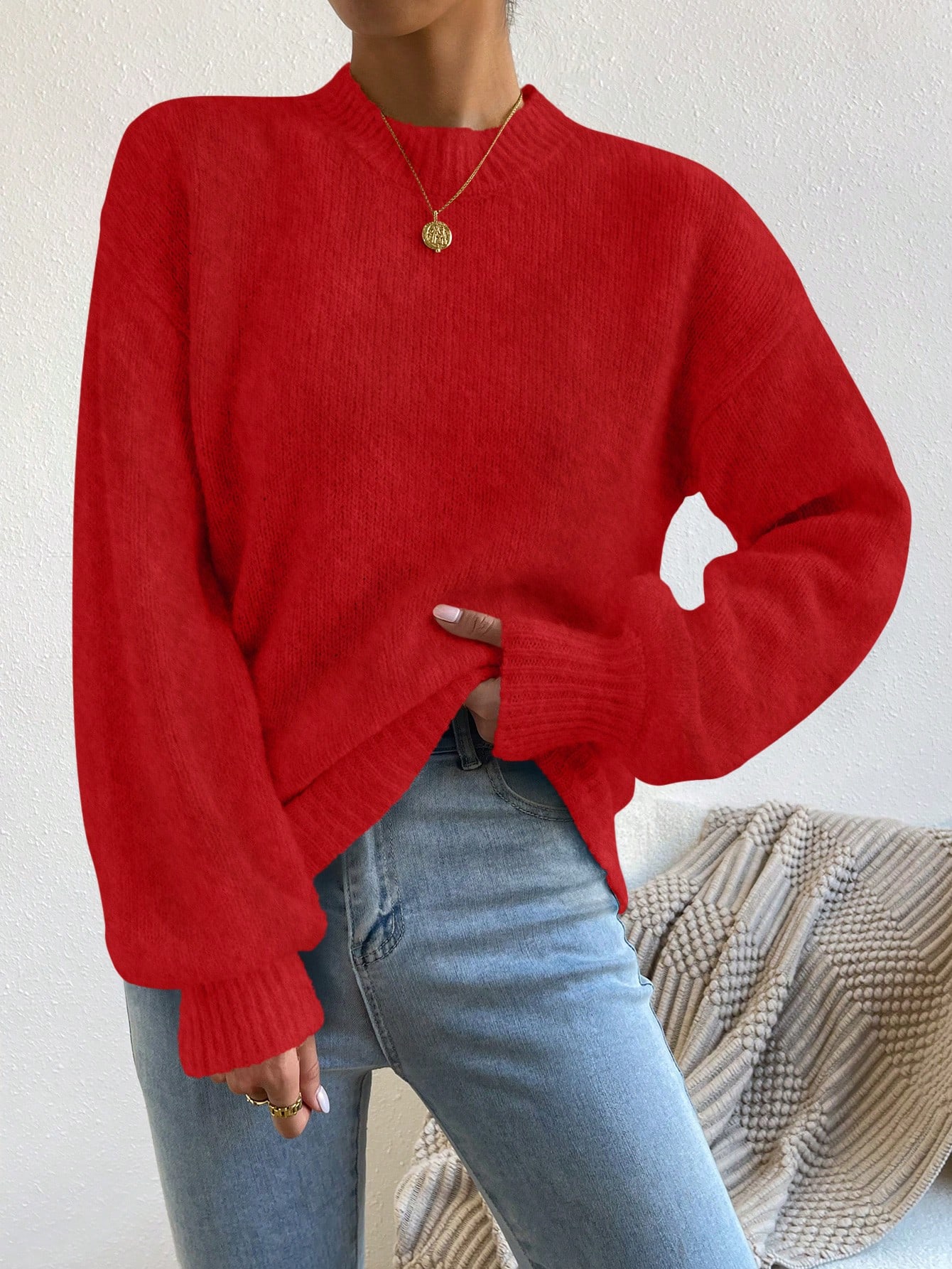 Pull à col montant avec épaules tombantes, Top à manches longues tricoté, pull pour — vue 6