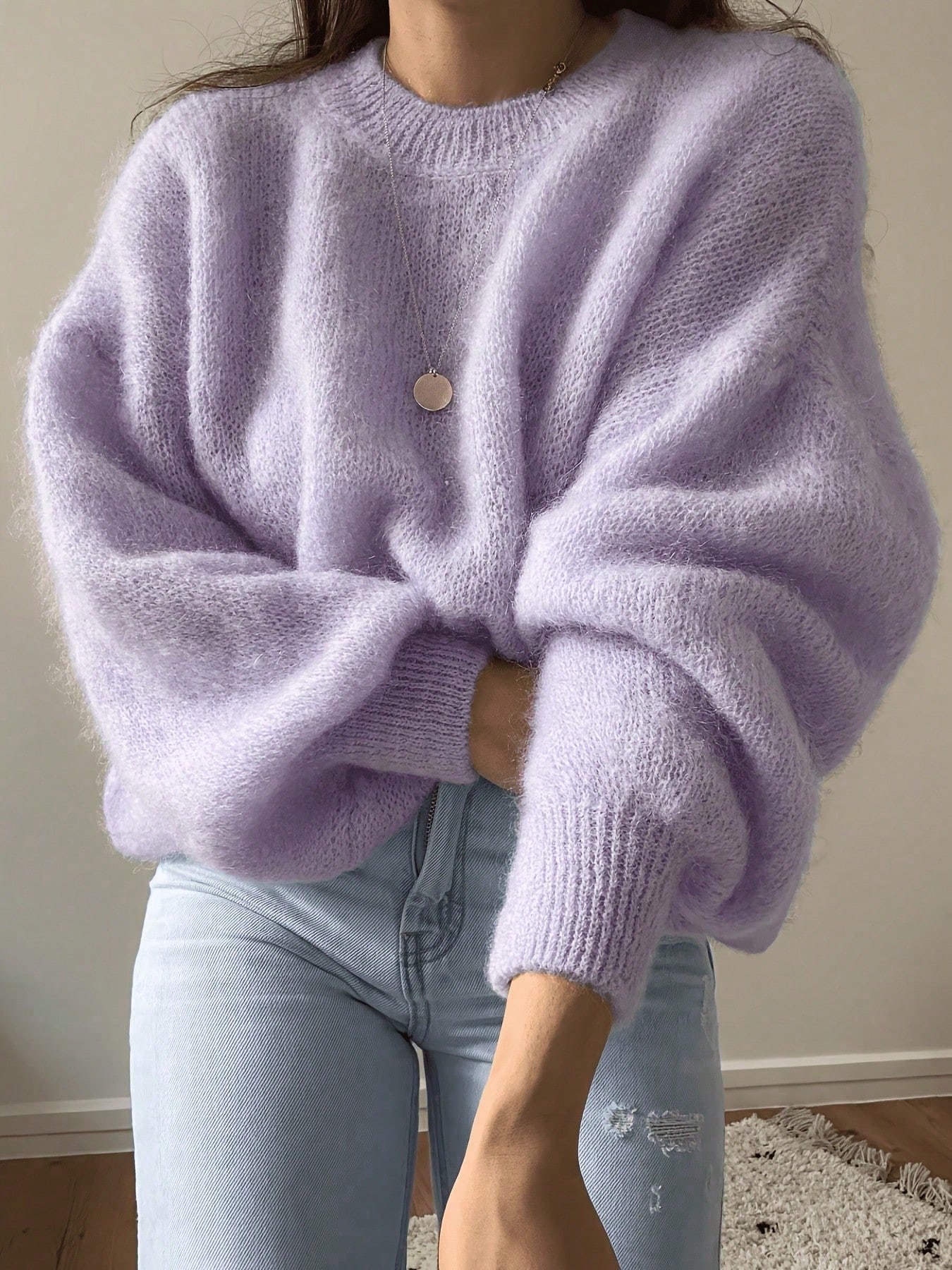 Pull en mohair rose vif moelleux pour femmes, Top tricoté décontracté ample à col rond, — vue 7