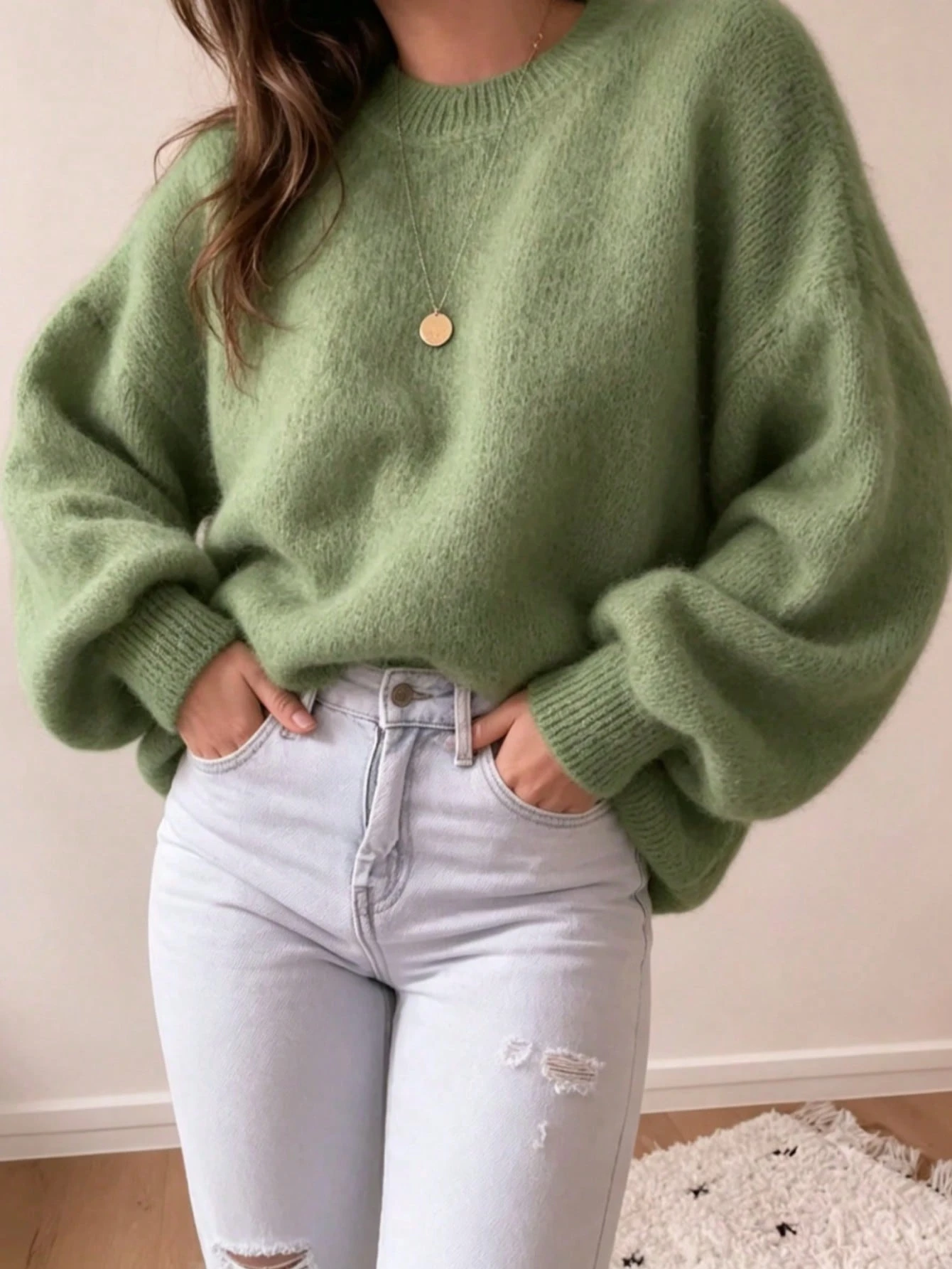 Pull en mohair rose vif moelleux pour femmes, Top tricoté décontracté ample à col rond, — vue 11