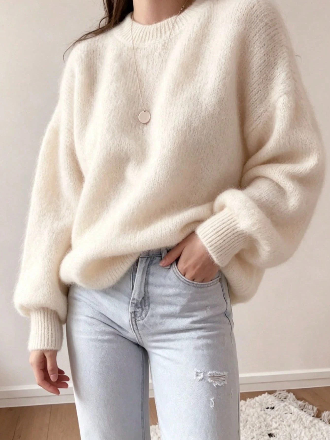 Pull en mohair rose vif moelleux pour femmes, Top tricoté décontracté ample à col rond, — vue 12