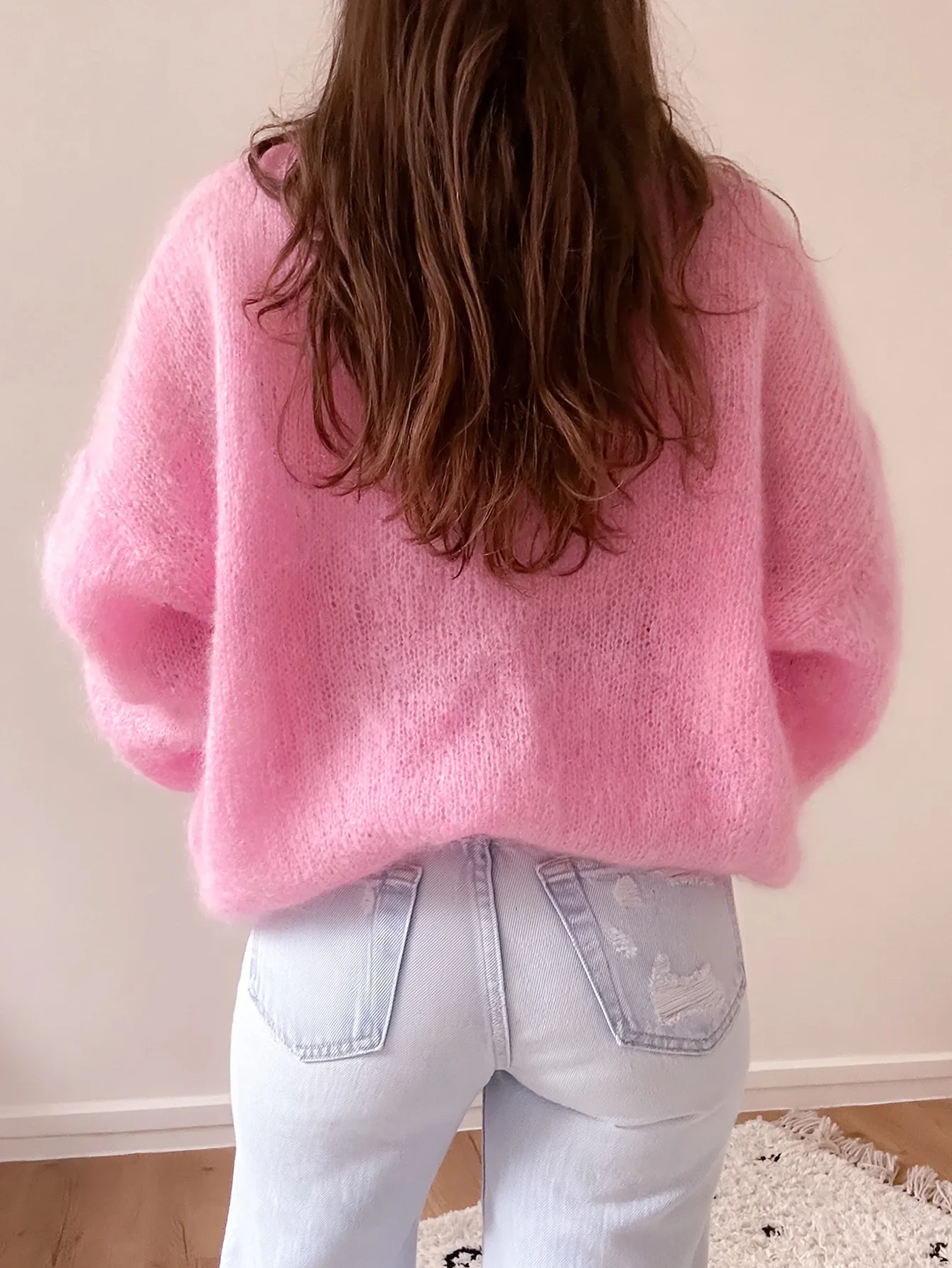 Pull en mohair rose vif moelleux pour femmes, Top tricoté décontracté ample à col rond, — vue 10