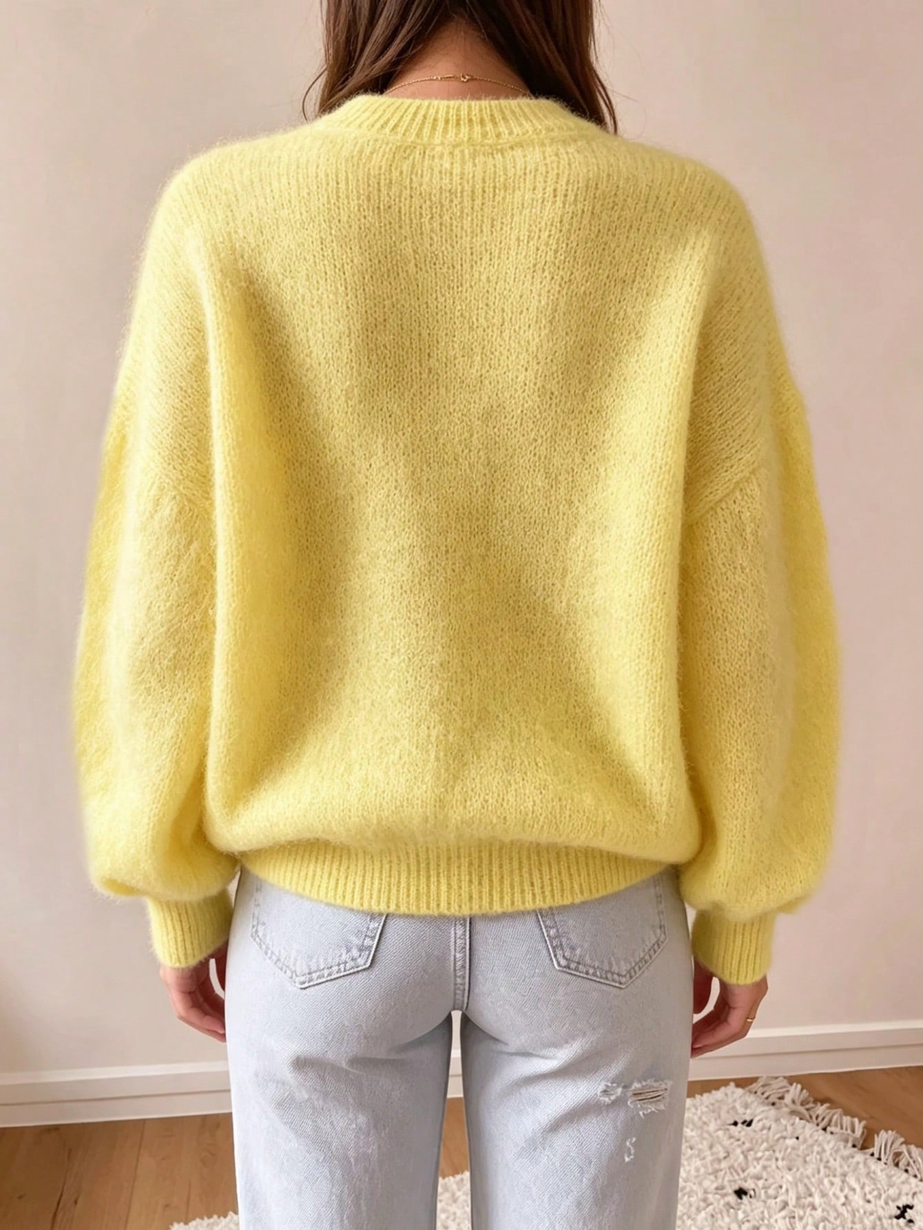 Pull en mohair rose vif moelleux pour femmes, Top tricoté décontracté ample à col rond, — vue 9