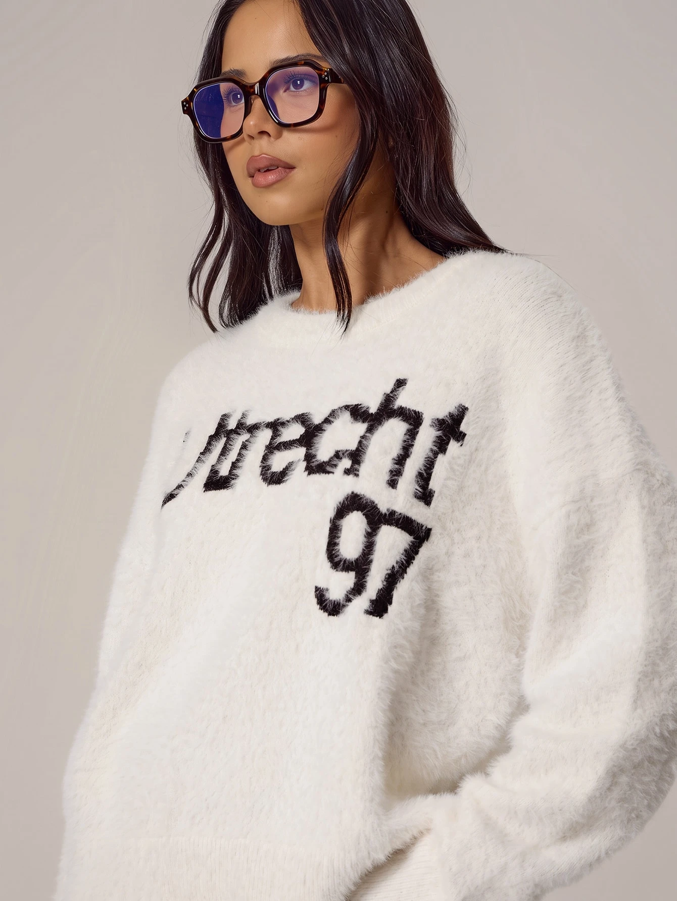 MUSERA Pull en tricot avec slogan graphique, épaules tombantes, tricot moelleux, — vue 7