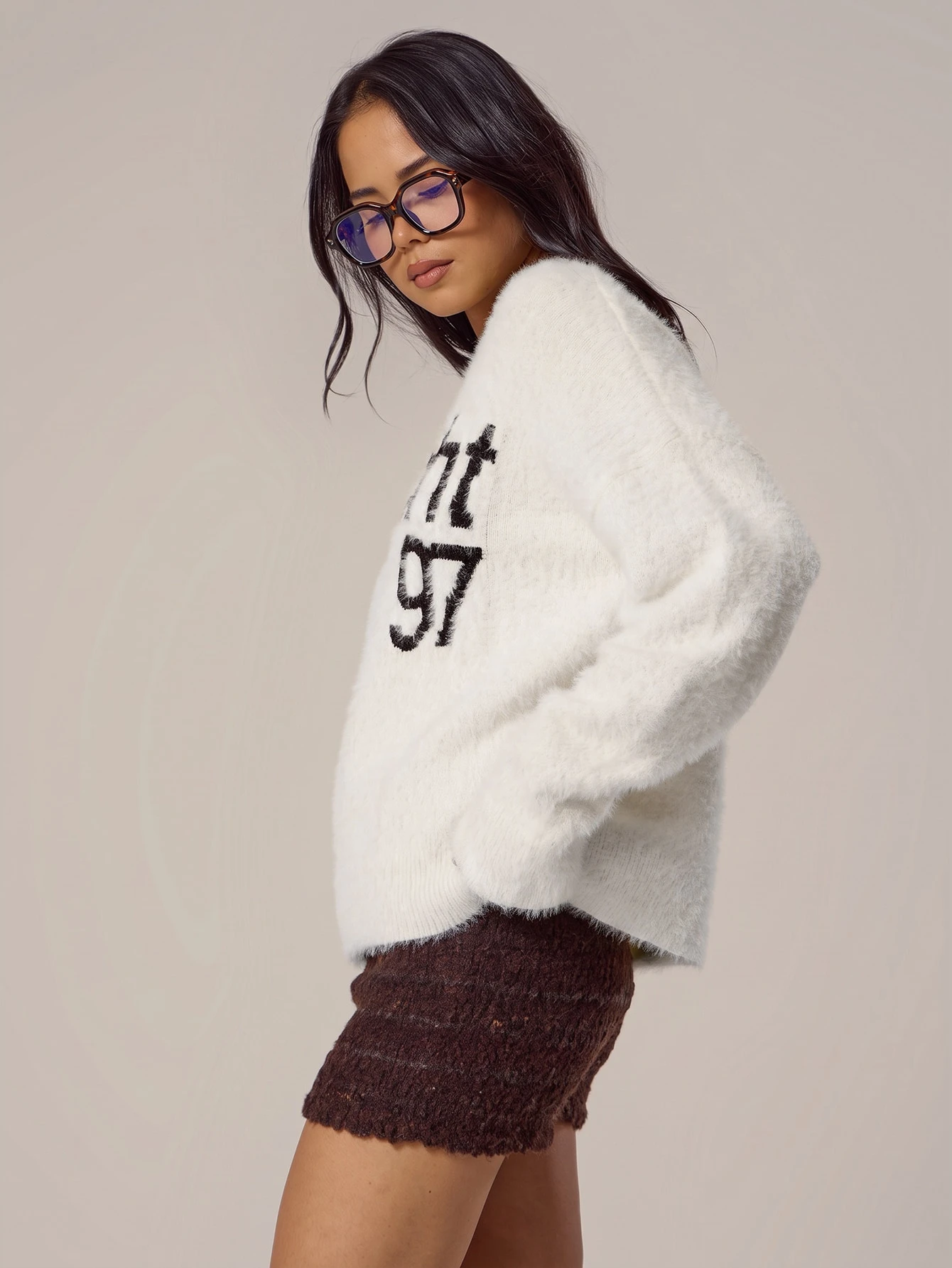 MUSERA Pull en tricot avec slogan graphique, épaules tombantes, tricot moelleux, — vue 11
